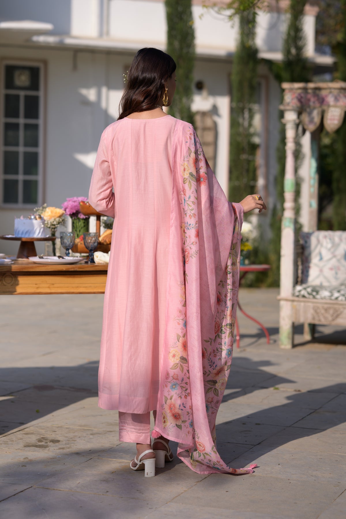Blush Pink Lucknowi Work Mul Chanderi Anarkali Suit Set