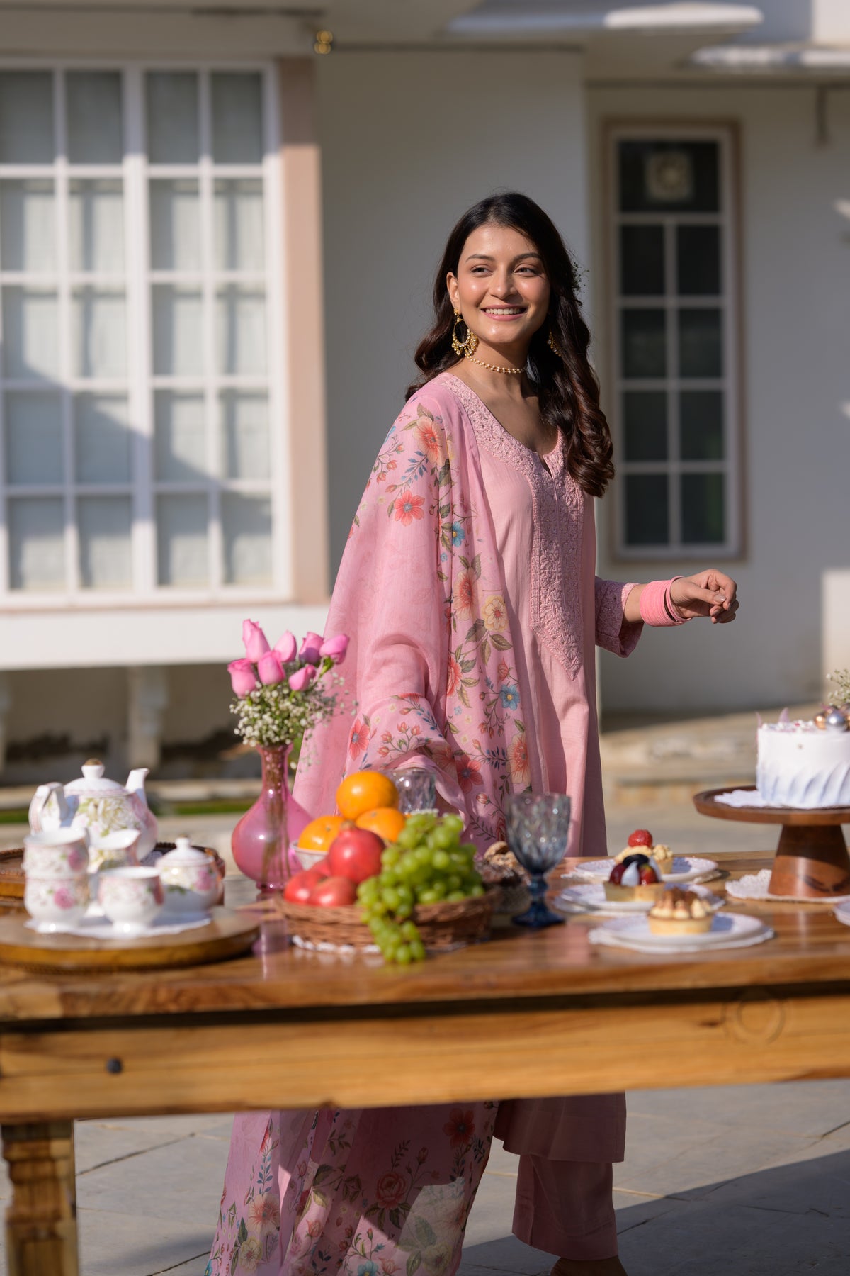 Blush Pink Lucknowi Work Mul Chanderi Anarkali Suit Set