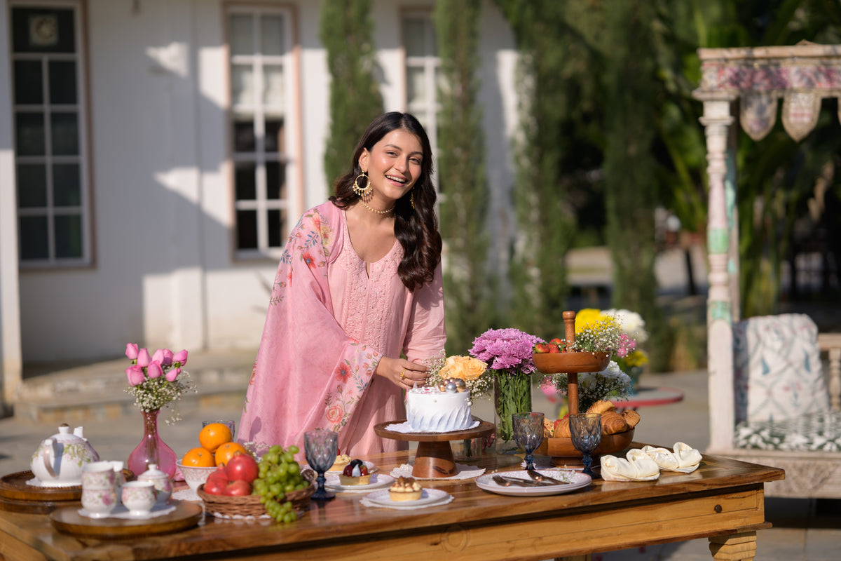 Blush Pink Lucknowi Work Mul Chanderi Anarkali Suit Set