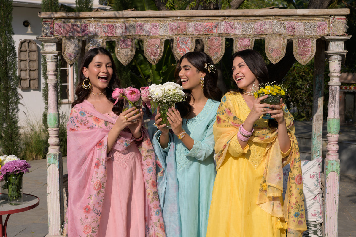 Blush Pink Lucknowi Work Mul Chanderi Anarkali Suit Set