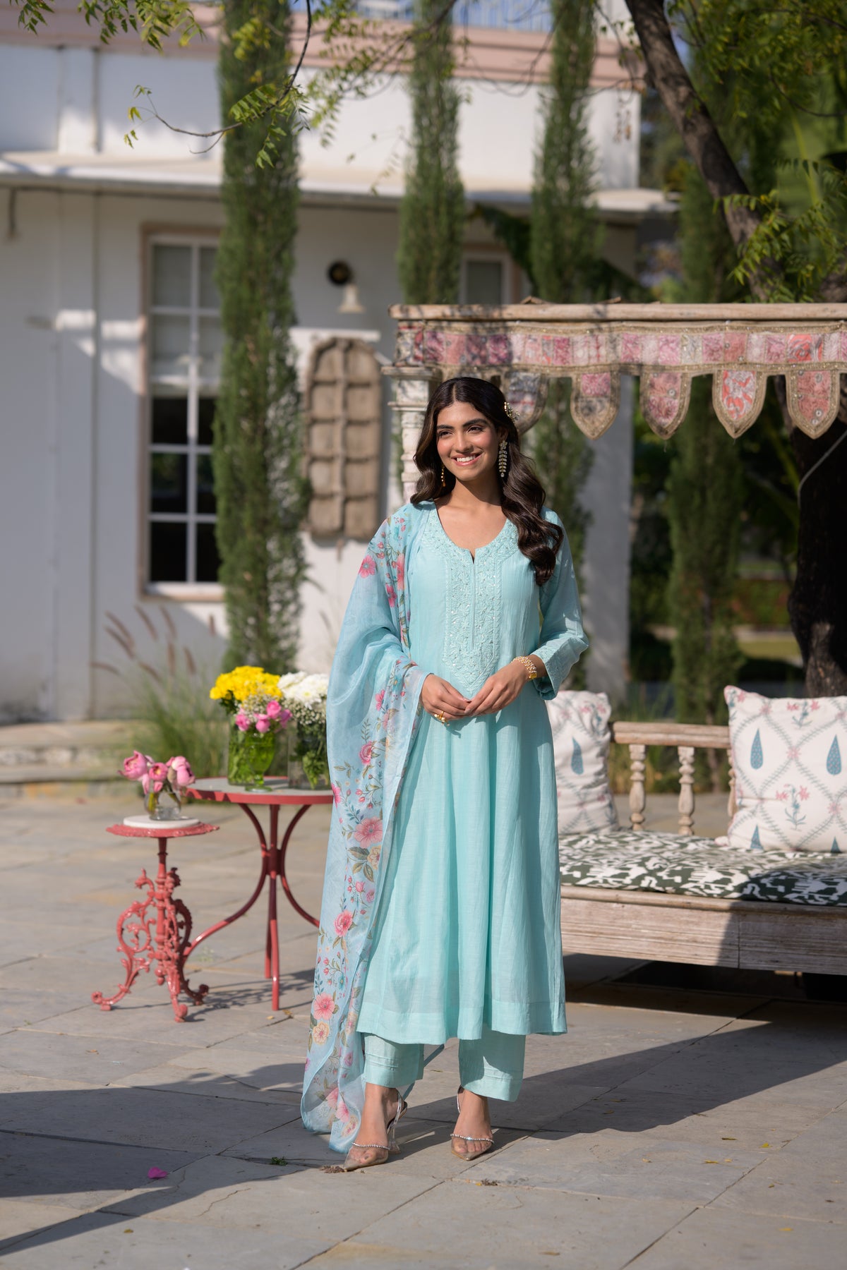 Hema Maliniji in Powder Blue Lucknowi Work Mul Chanderi Anarkali Suit Set