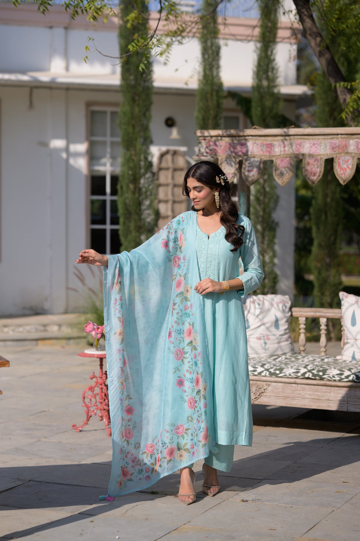 Hema Maliniji in Powder Blue Lucknowi Work Mul Chanderi Anarkali Suit Set