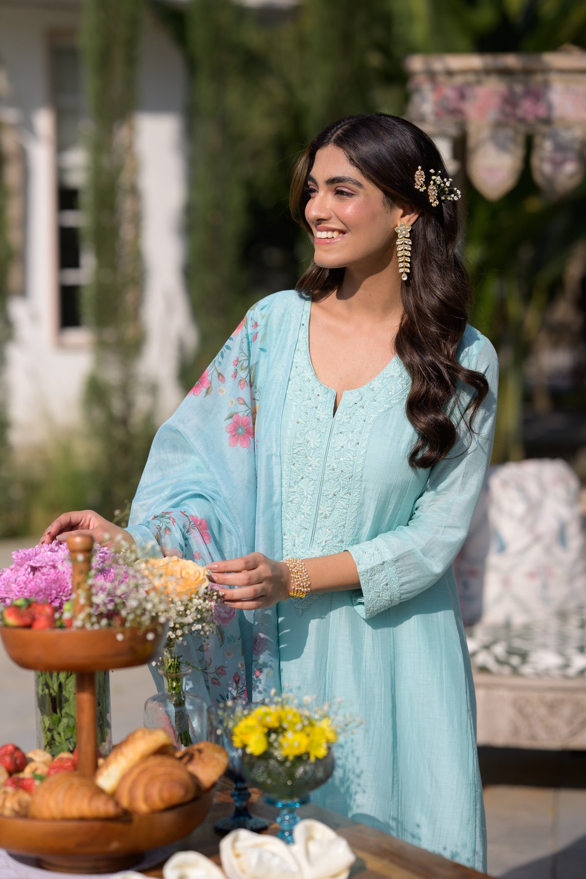 Hema Maliniji in Powder Blue Lucknowi Work Mul Chanderi Anarkali Suit Set