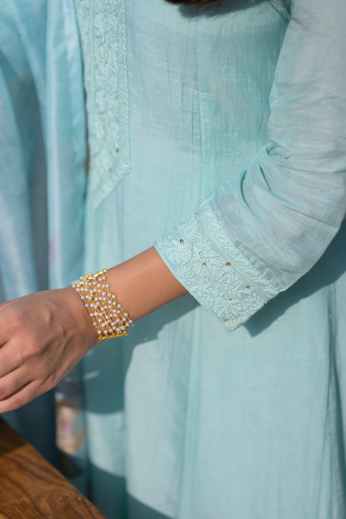 Hema Maliniji in Powder Blue Lucknowi Work Mul Chanderi Anarkali Suit Set