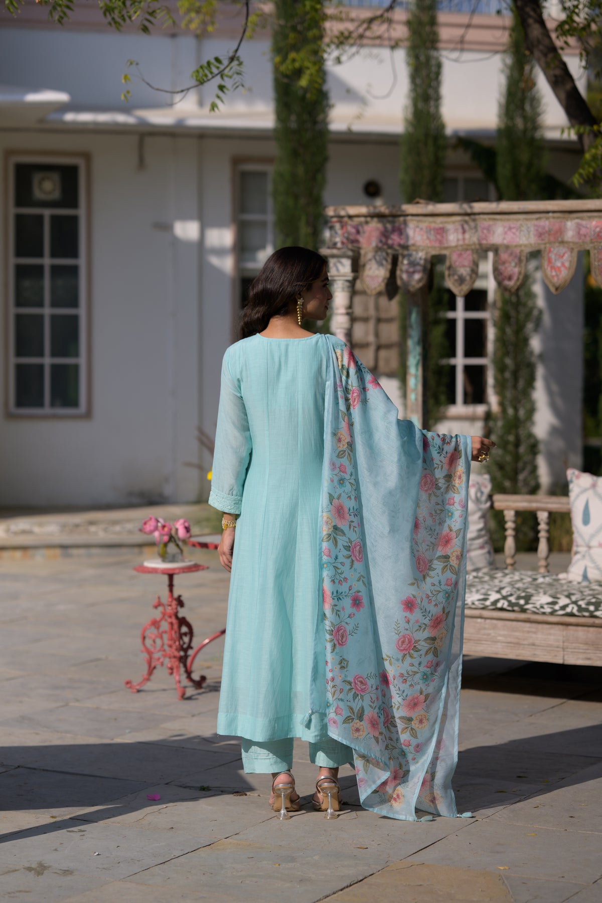 Hema Maliniji in Powder Blue Lucknowi Work Mul Chanderi Anarkali Suit Set