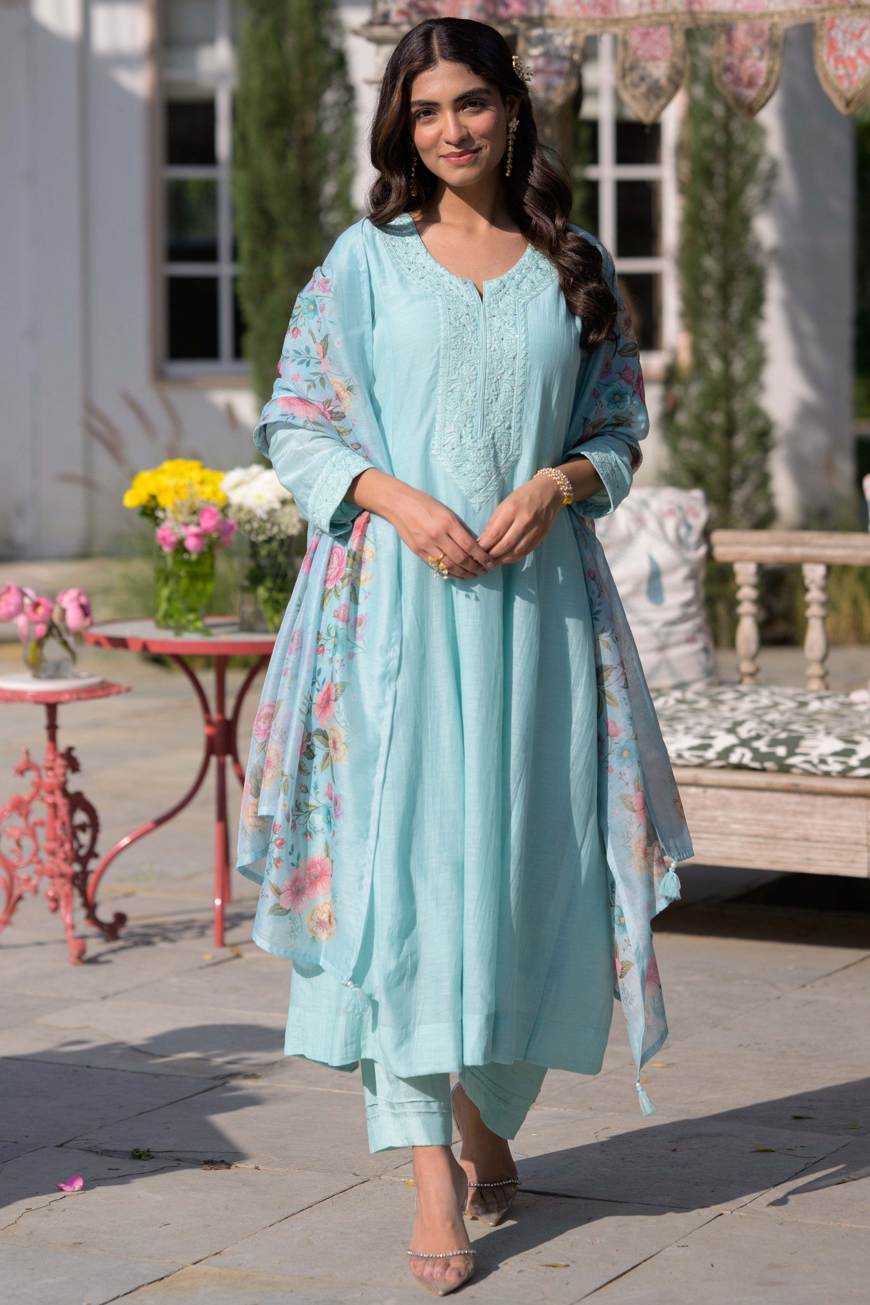 Hema Maliniji in Powder Blue Lucknowi Work Mul Chanderi Anarkali Suit Set