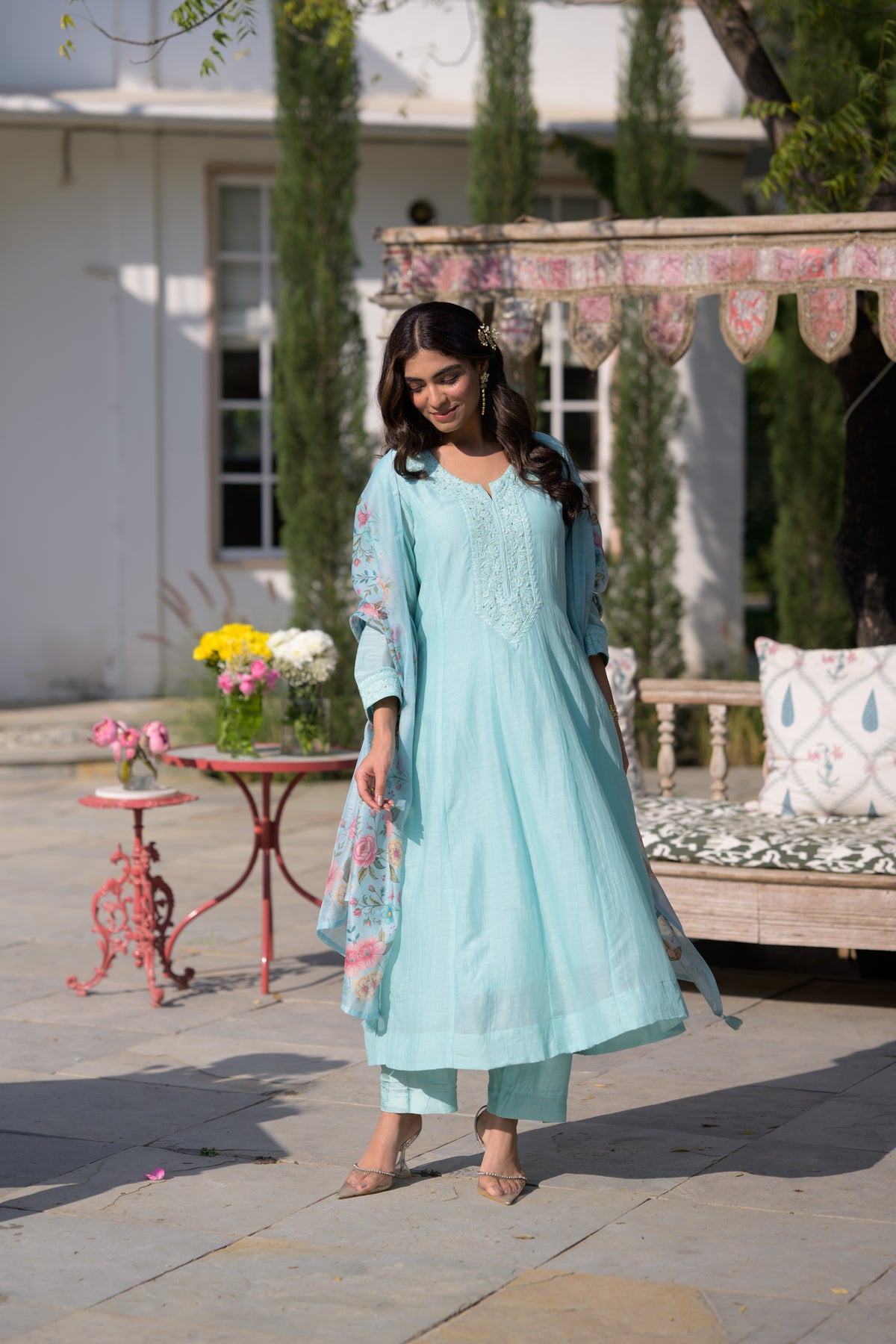 Hema Maliniji in Powder Blue Lucknowi Work Mul Chanderi Anarkali Suit Set