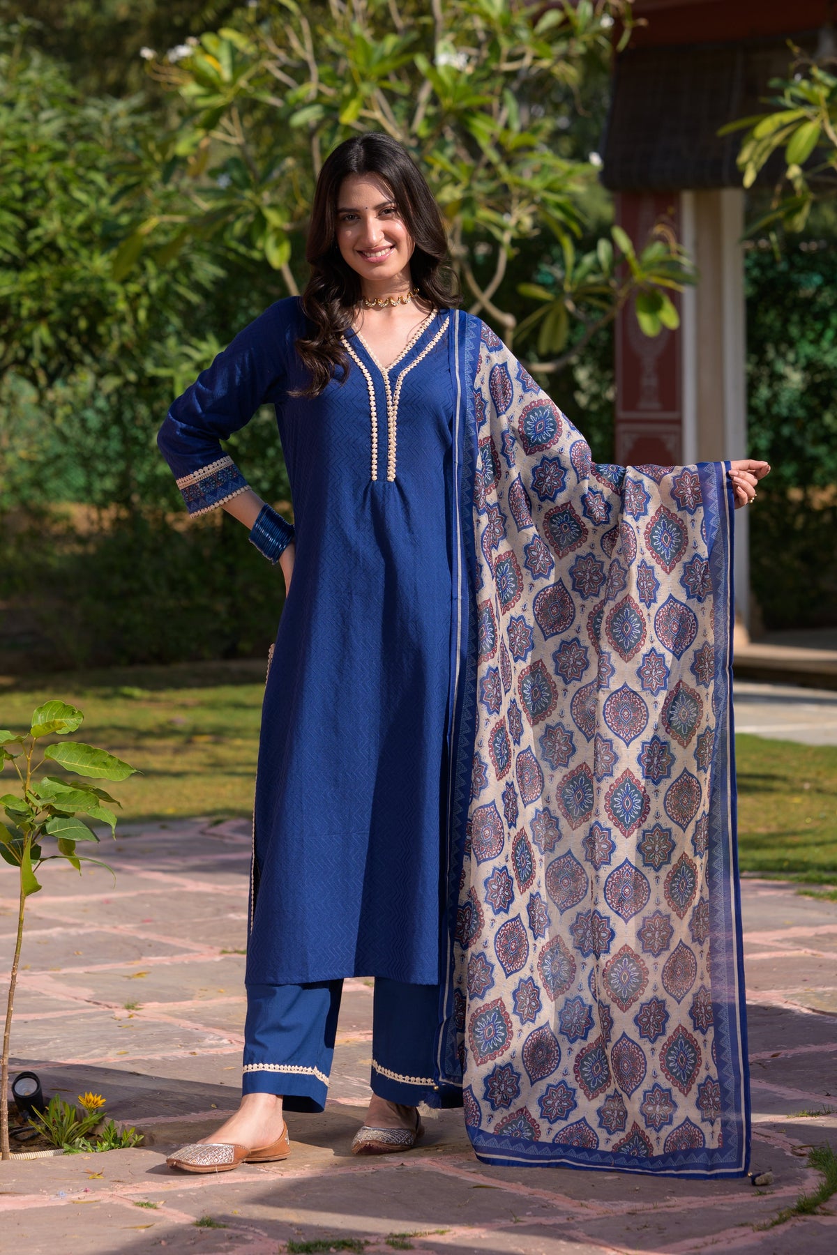 Blue  Dobby Cotton with Lace and Block Printed Dupatta Suit Set