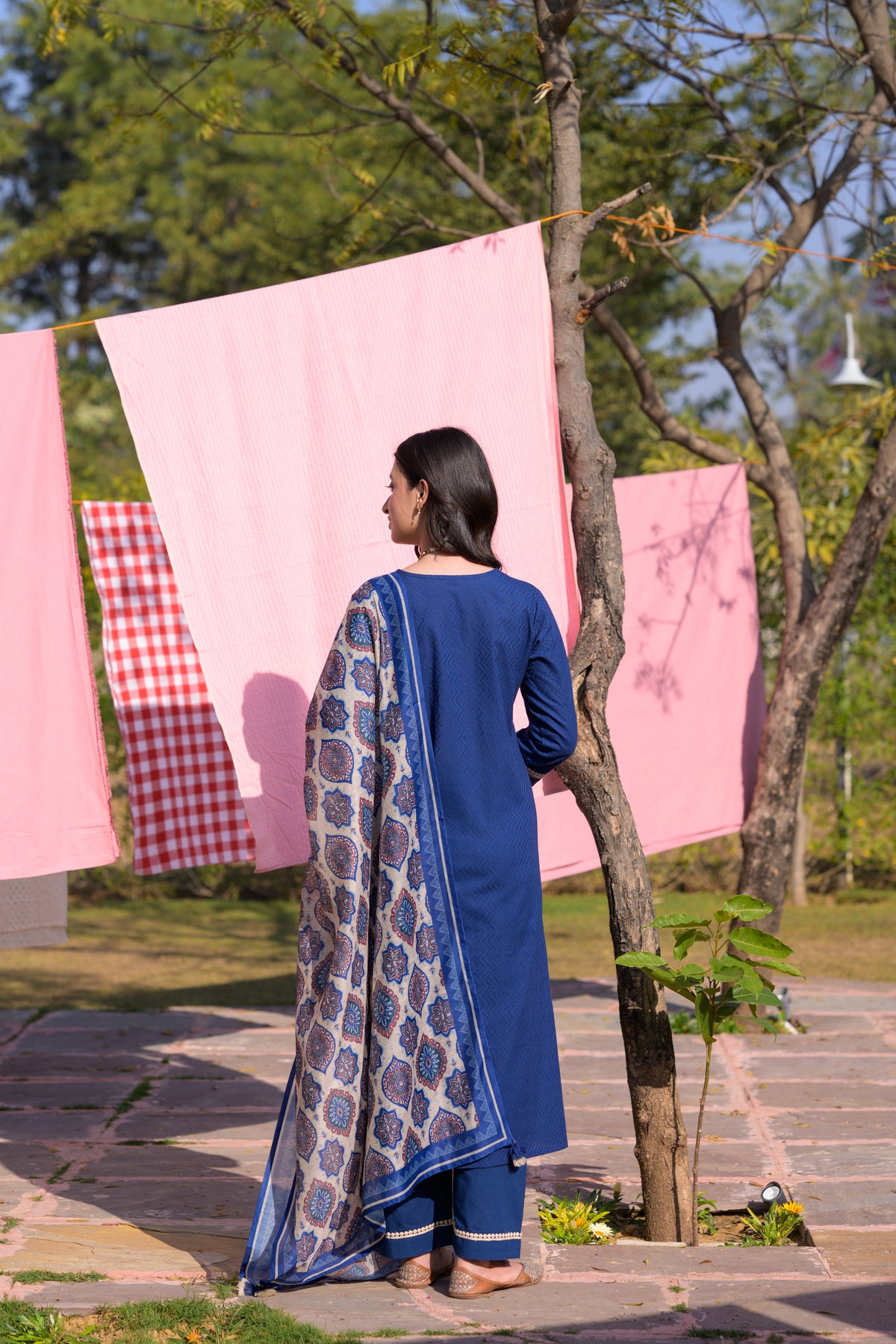 Blue  Dobby Cotton with Lace and Block Printed Dupatta Suit Set