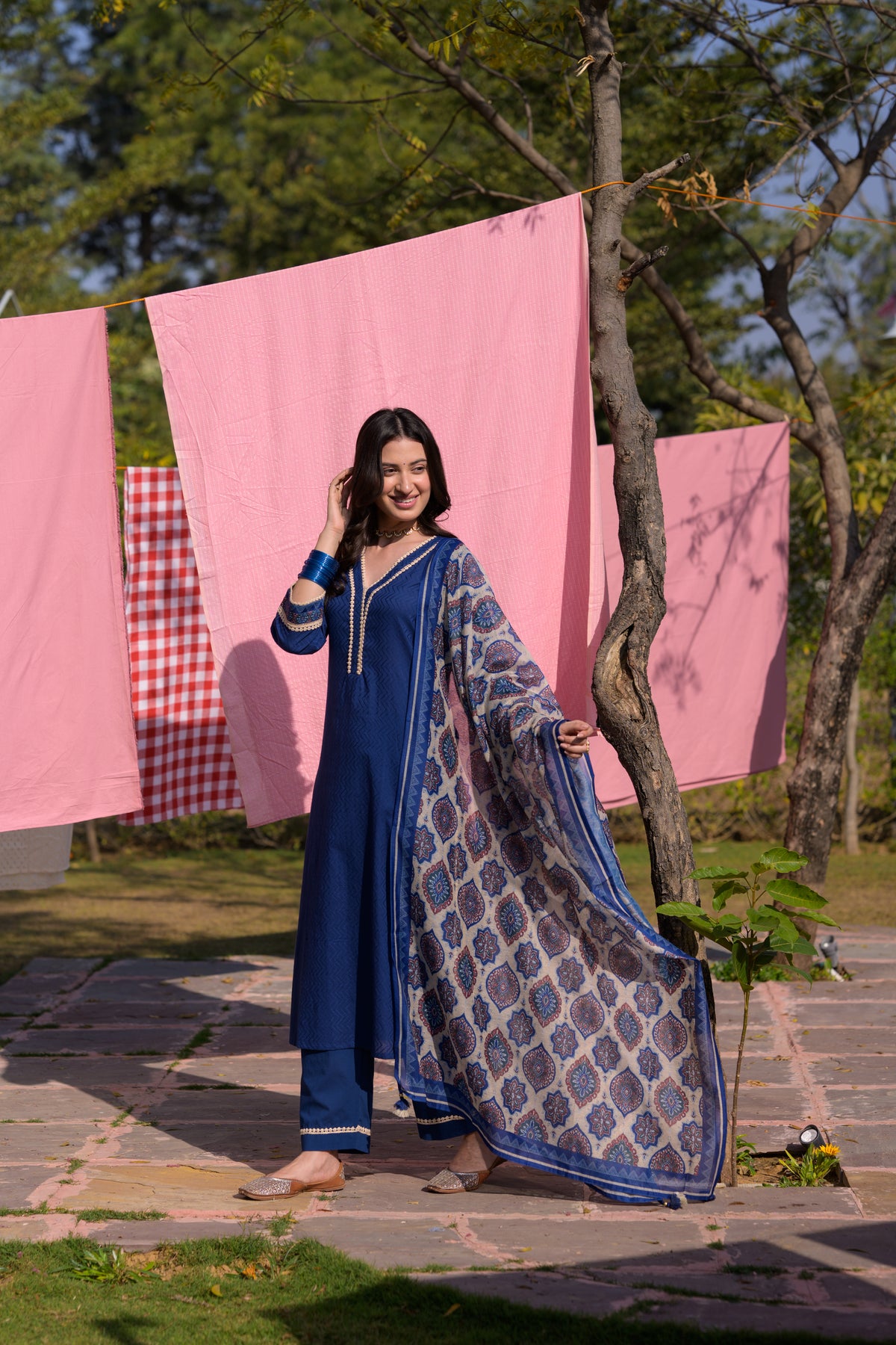 Blue  Dobby Cotton with Lace and Block Printed Dupatta Suit Set