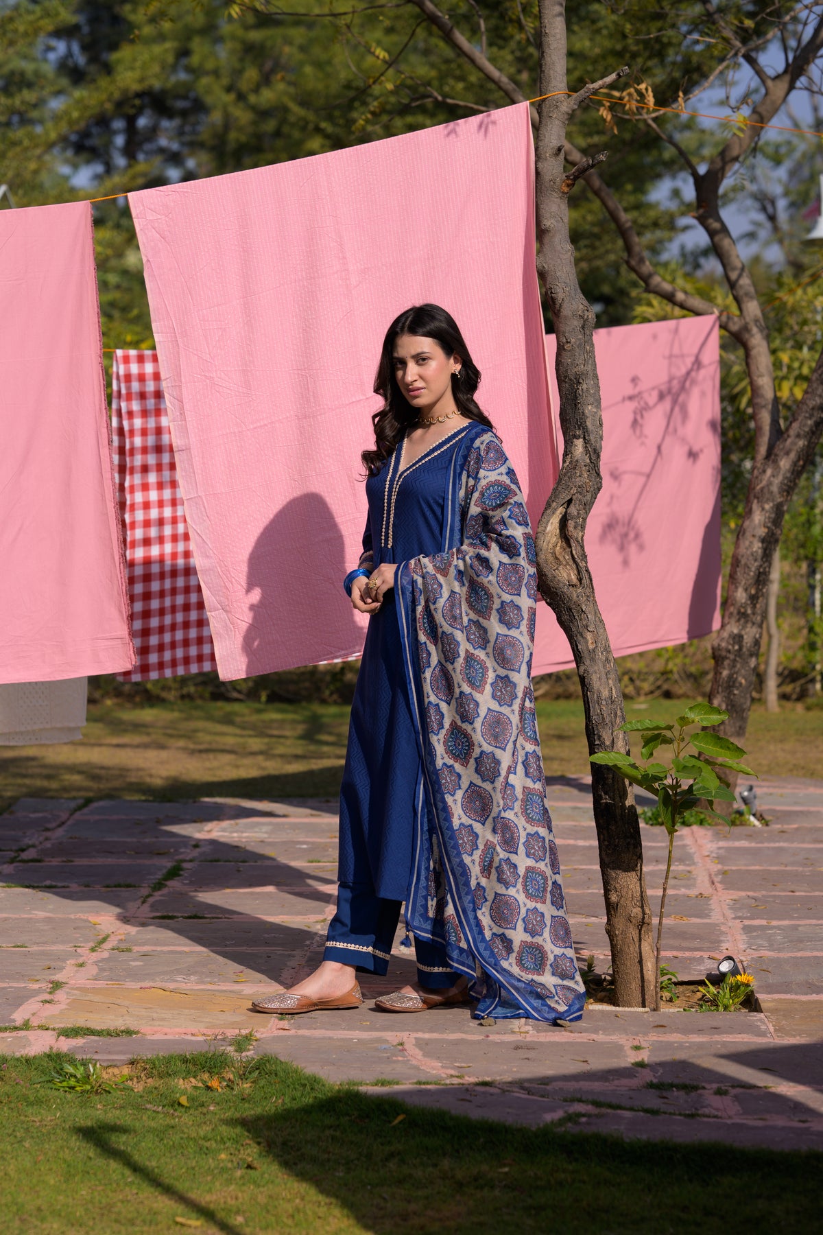 Blue  Dobby Cotton with Lace and Block Printed Dupatta Suit Set