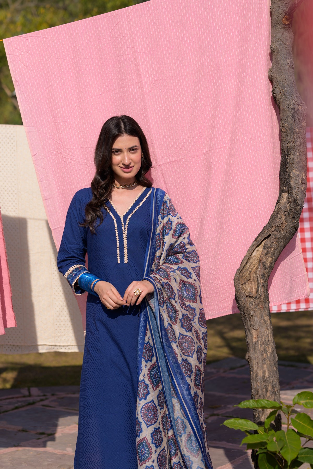 Blue  Dobby Cotton with Lace and Block Printed Dupatta Suit Set