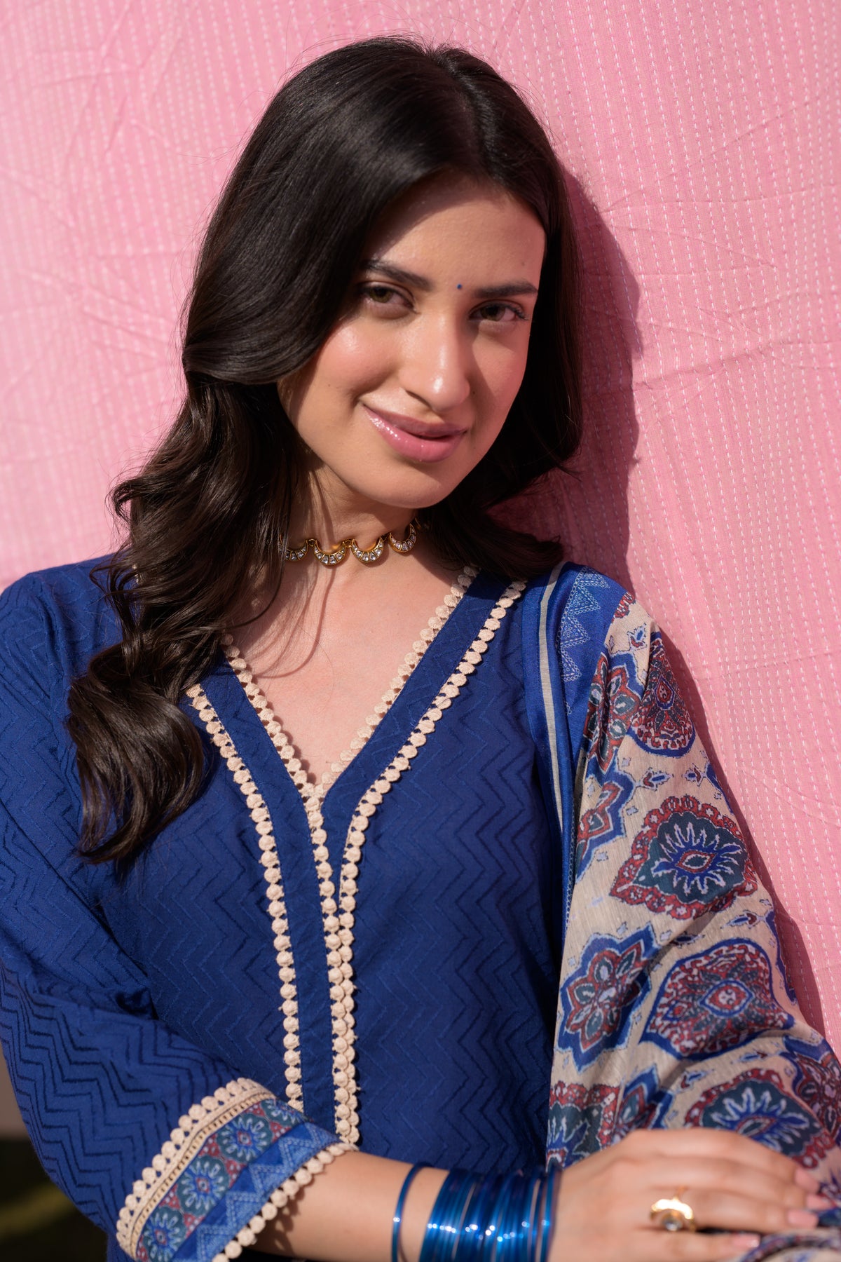 Blue  Dobby Cotton with Lace and Block Printed Dupatta Suit Set