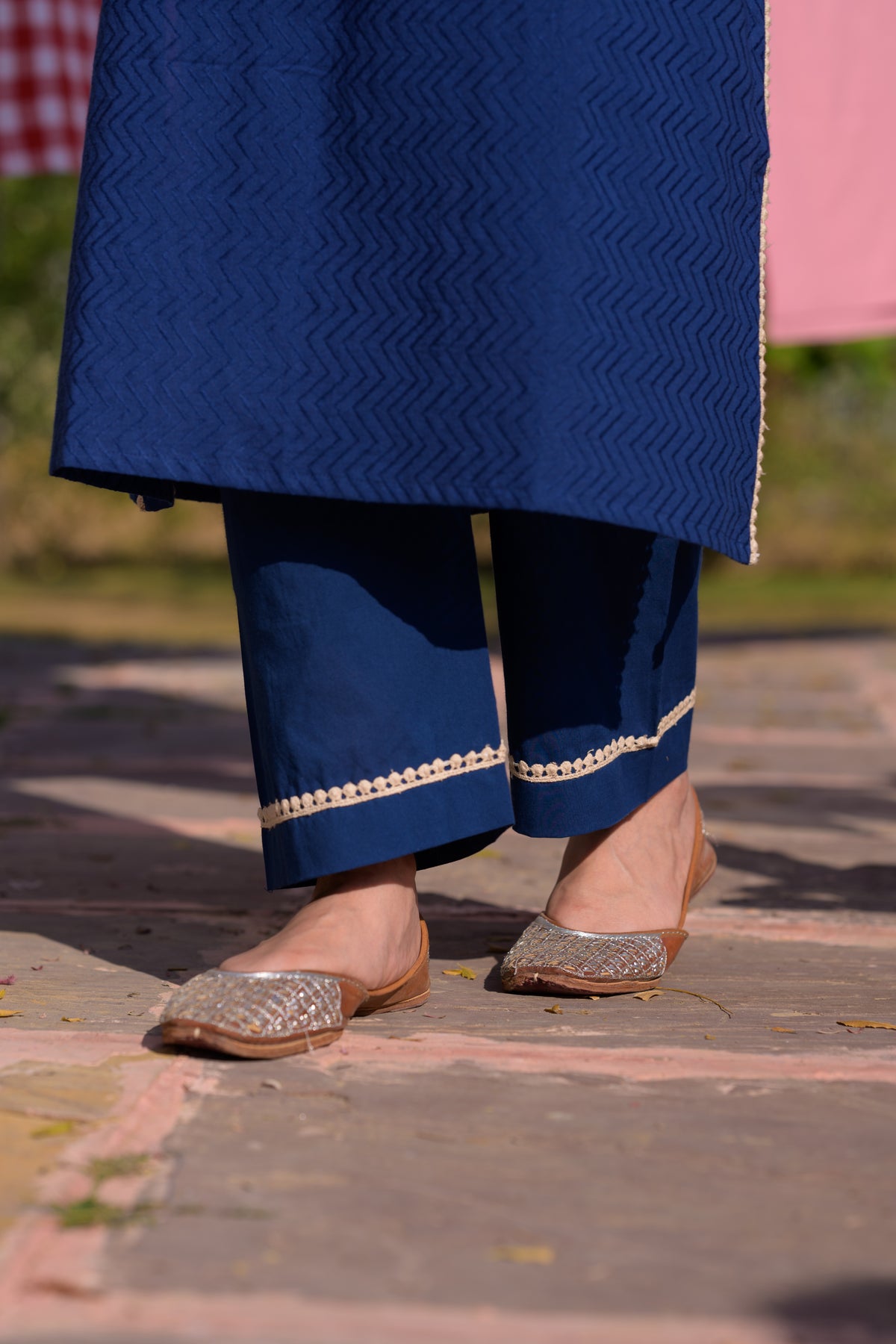 Blue  Dobby Cotton with Lace and Block Printed Dupatta Suit Set