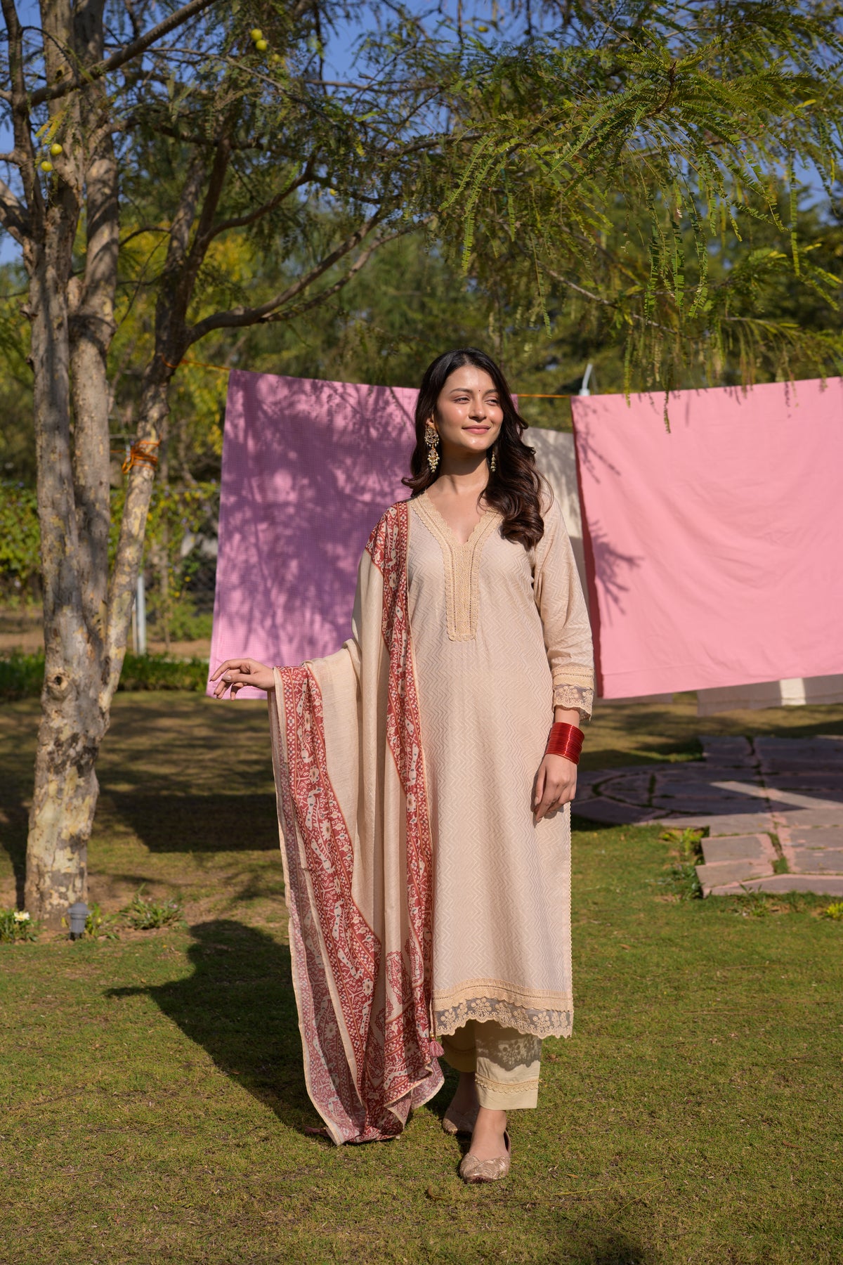 Beige Dobby Cotton with Lace and Block Printed Dupatta Suit Set