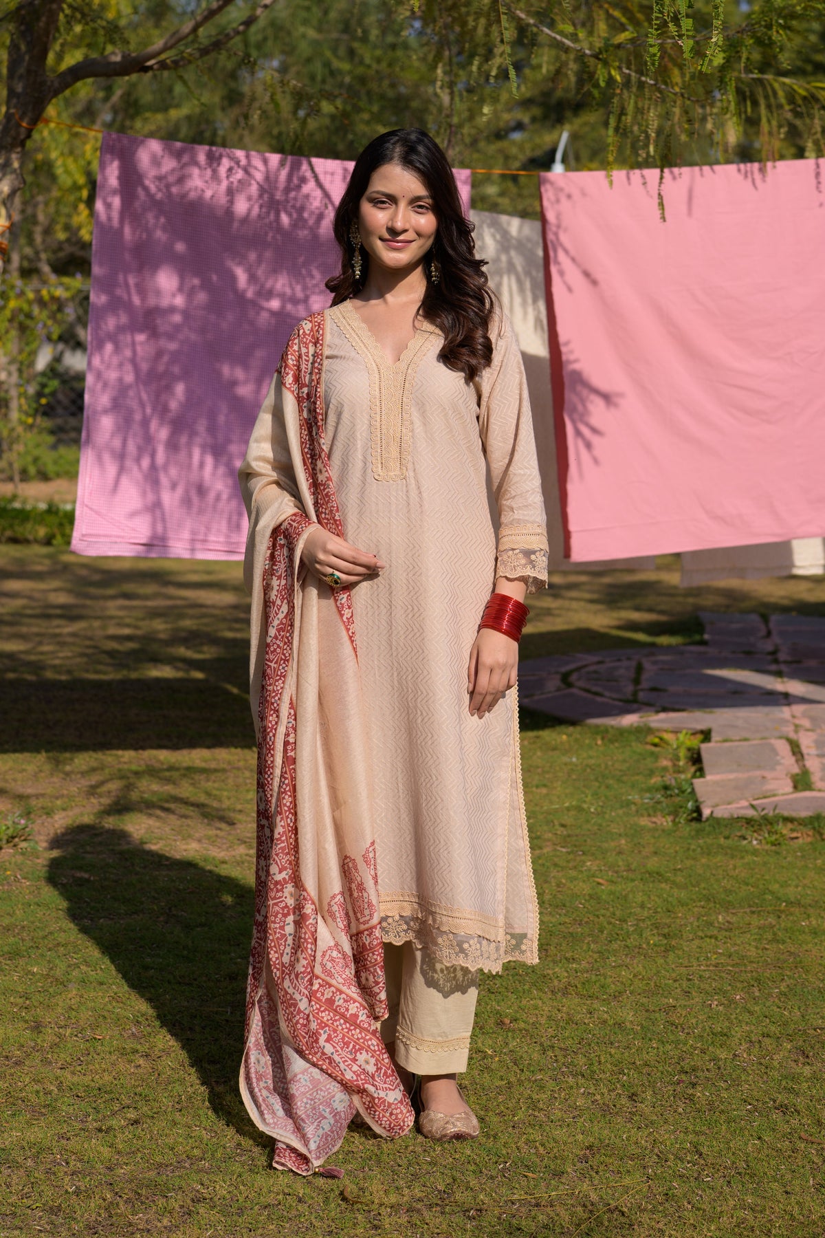 Beige Dobby Cotton with Lace and Block Printed Dupatta Suit Set