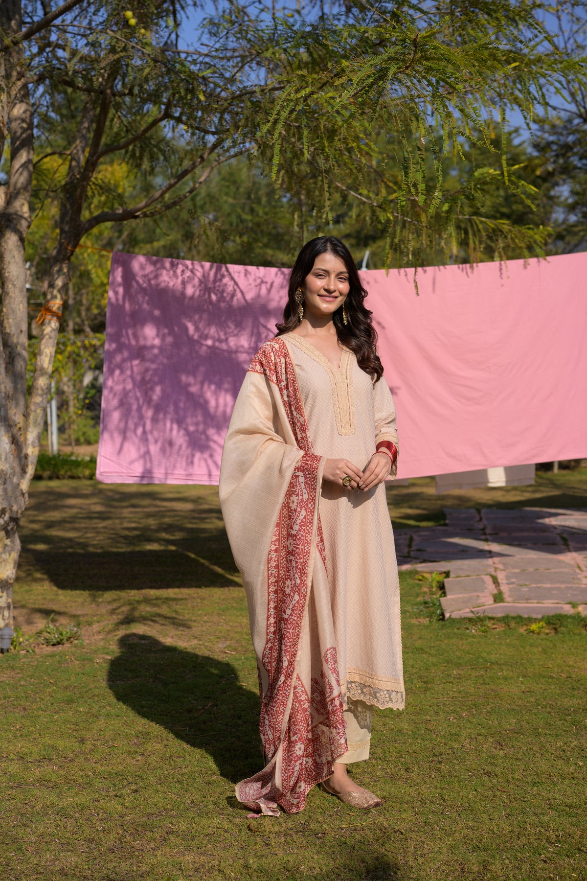 Beige Dobby Cotton with Lace and Block Printed Dupatta Suit Set