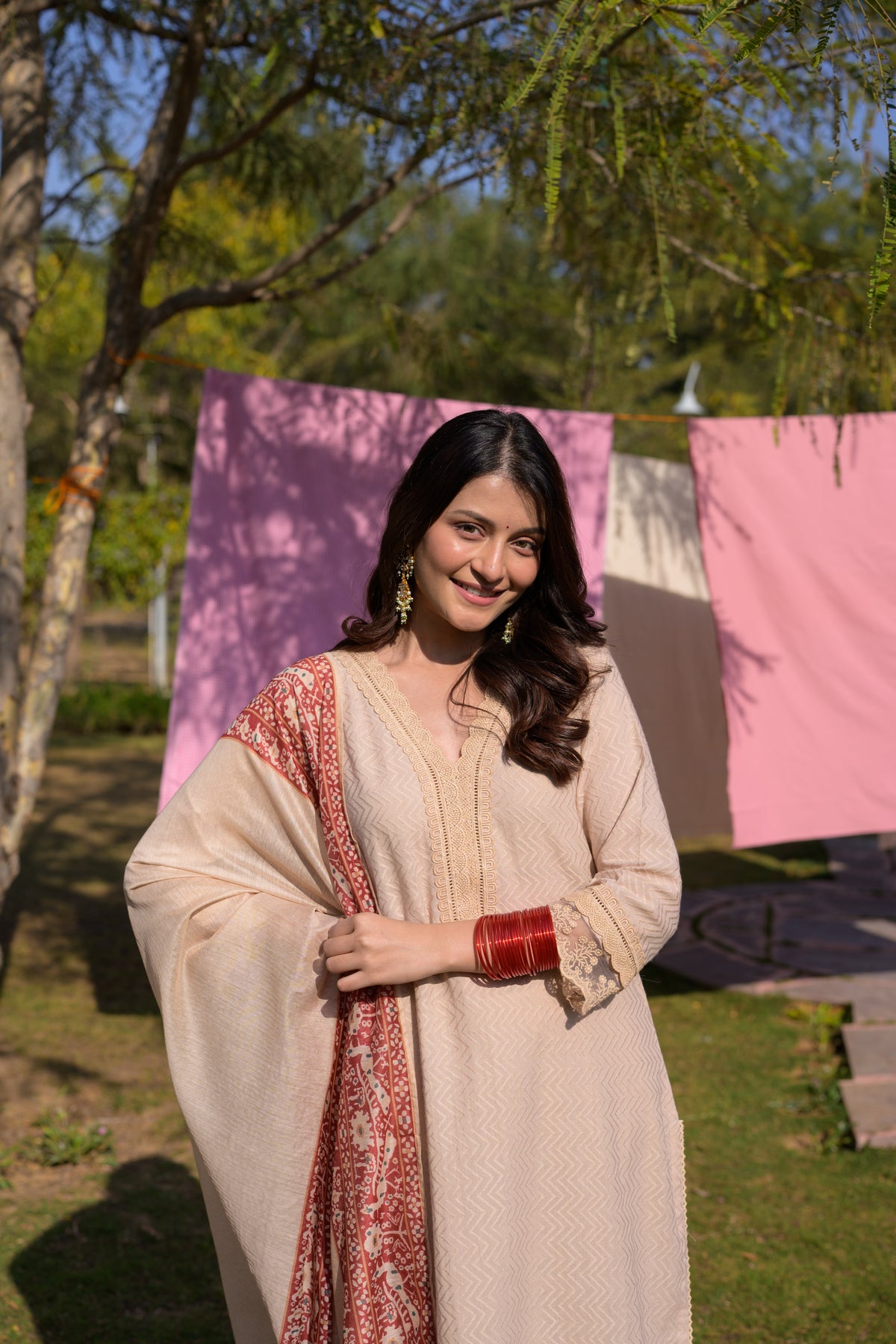 Beige Dobby Cotton with Lace and Block Printed Dupatta Suit Set