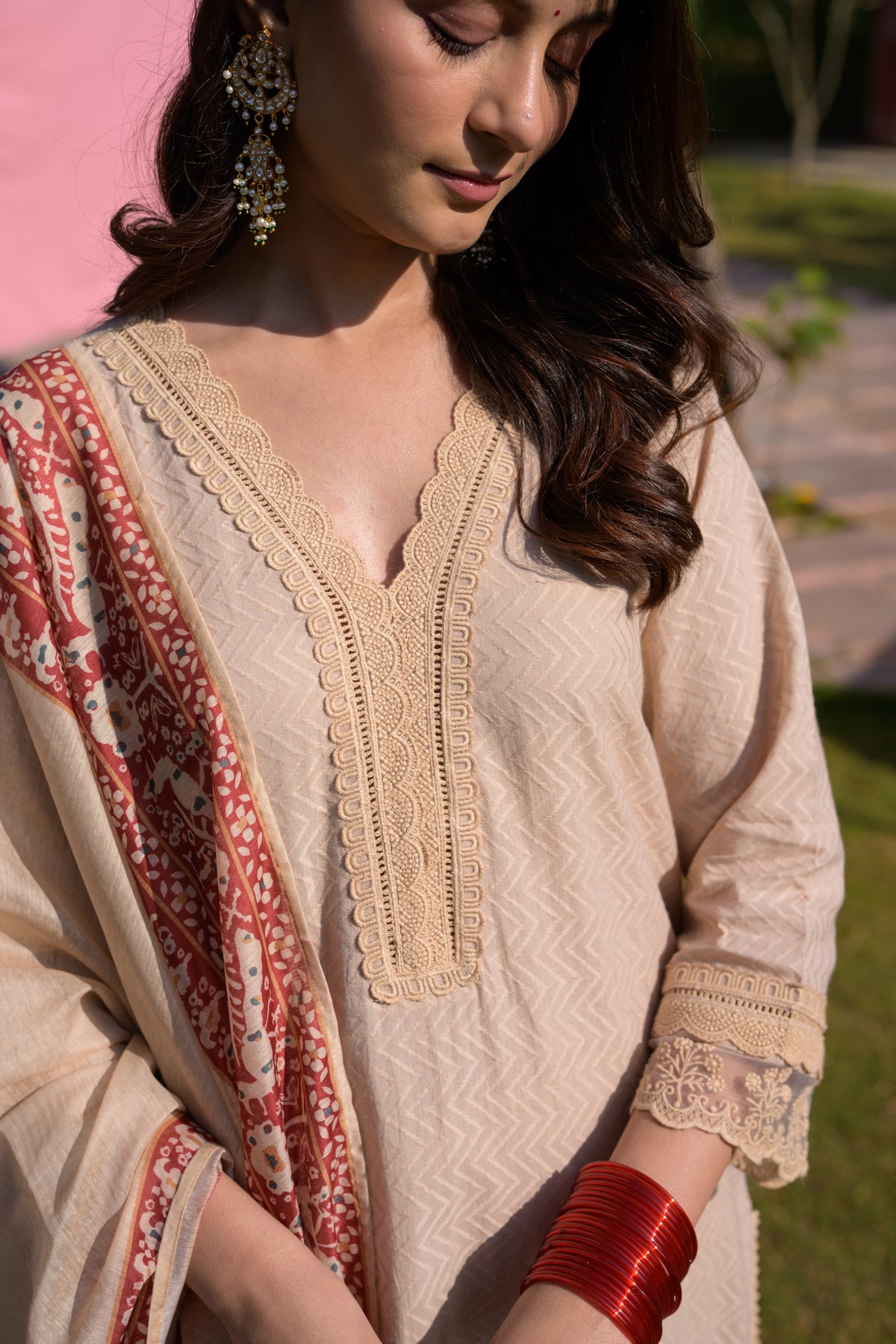 Beige Dobby Cotton with Lace and Block Printed Dupatta Suit Set