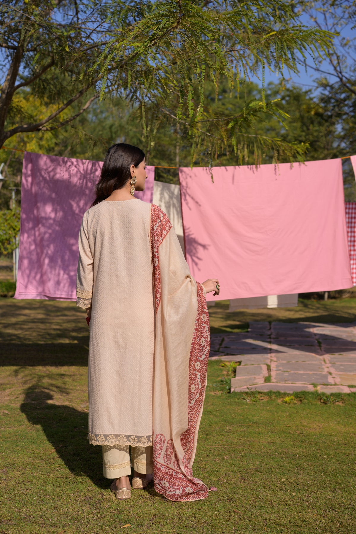 Beige Dobby Cotton with Lace and Block Printed Dupatta Suit Set