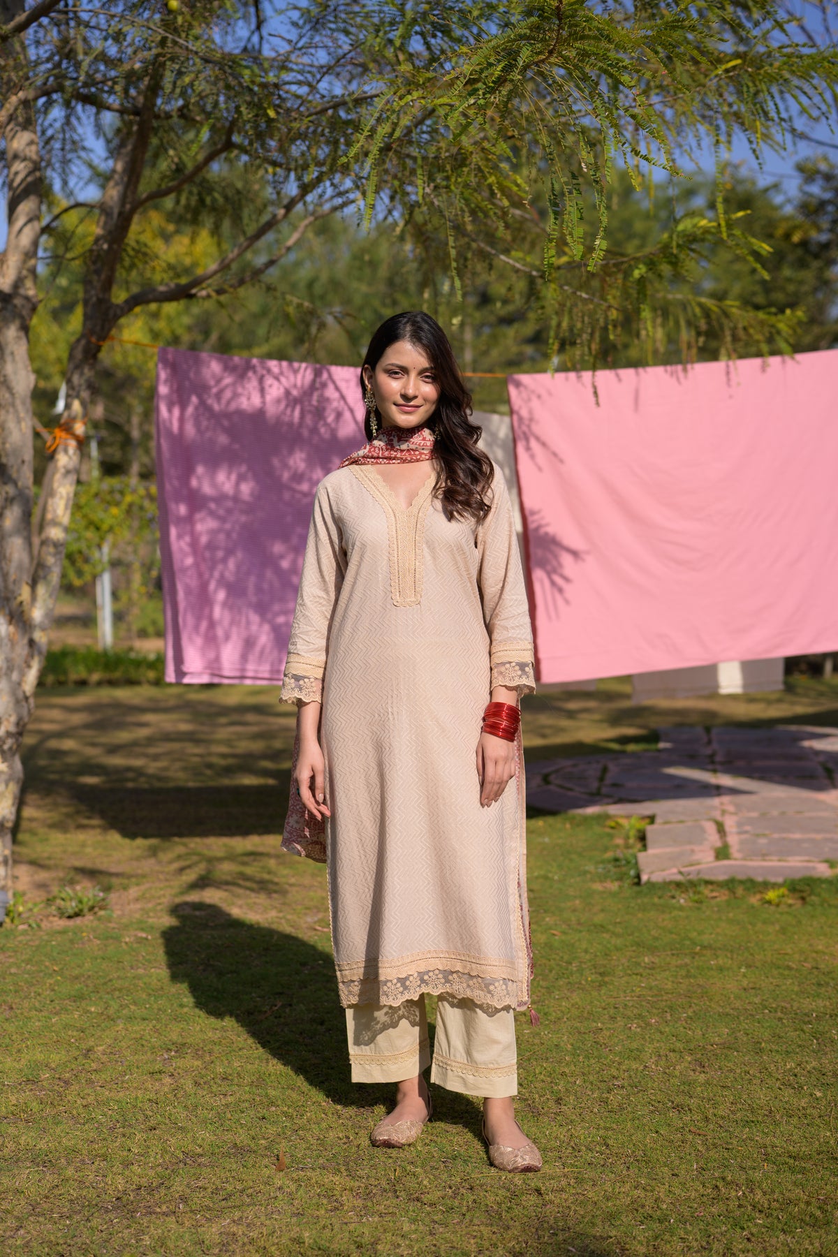Beige Dobby Cotton with Lace and Block Printed Dupatta Suit Set
