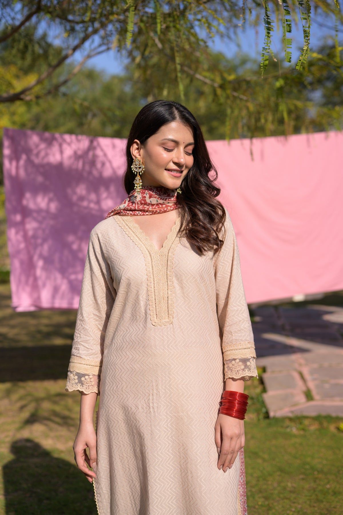 Beige Dobby Cotton with Lace and Block Printed Dupatta Suit Set