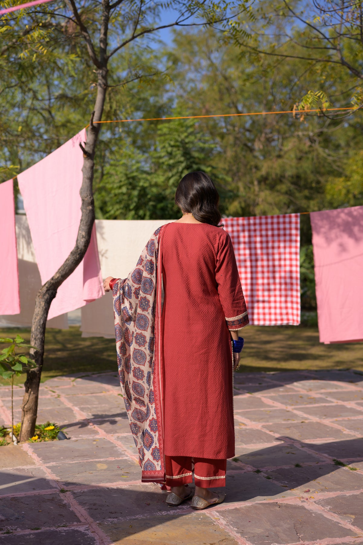 Brick Red Dobby Cotton with Lace and Block Printed Dupatta Suit Set