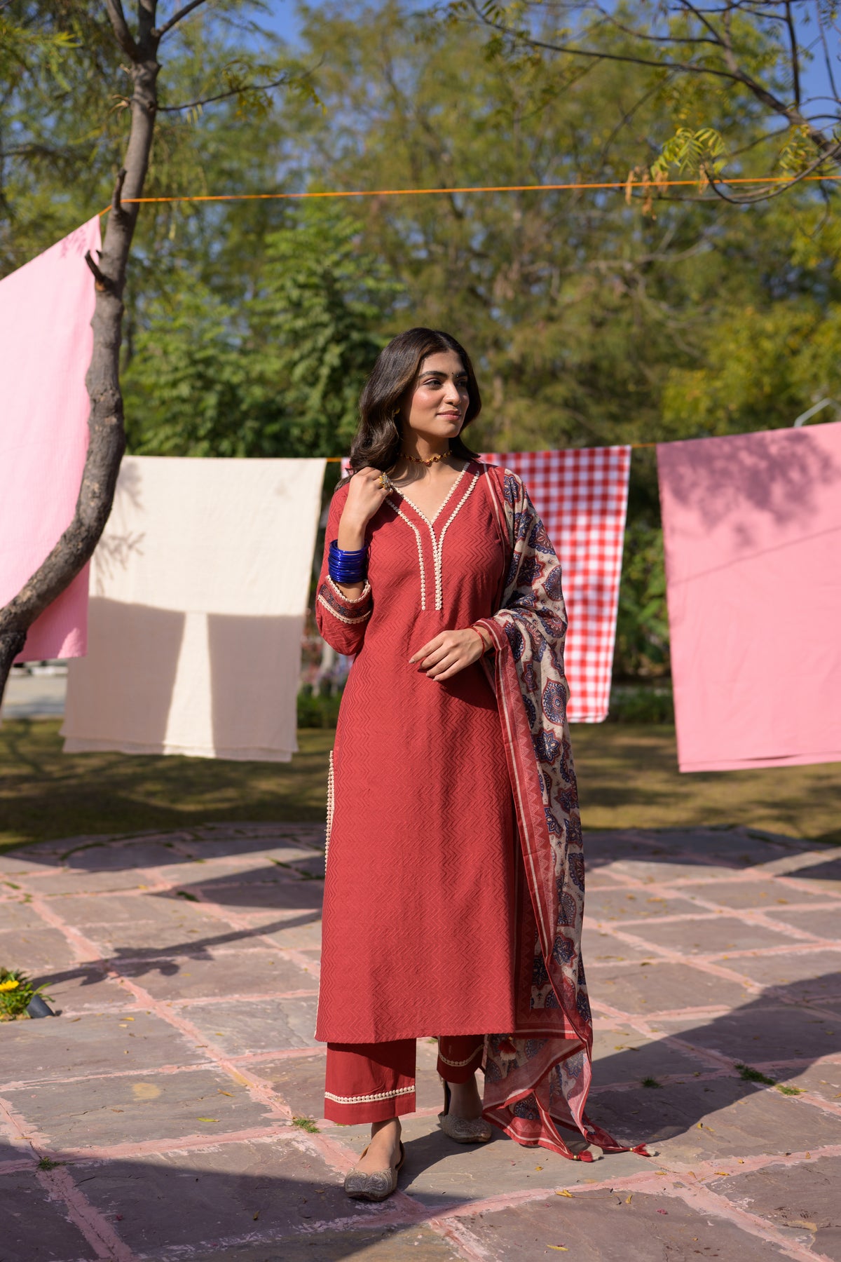 Brick Red Dobby Cotton with Lace and Block Printed Dupatta Suit Set