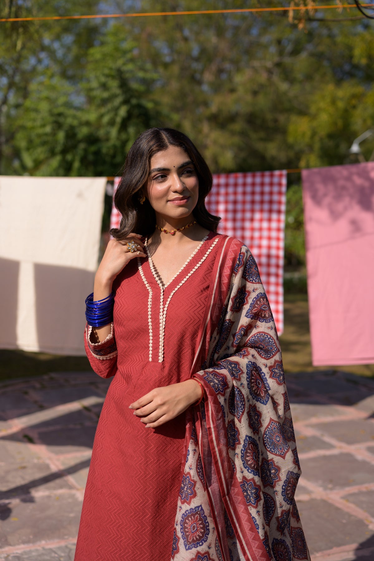 Brick Red Dobby Cotton with Lace and Block Printed Dupatta Suit Set