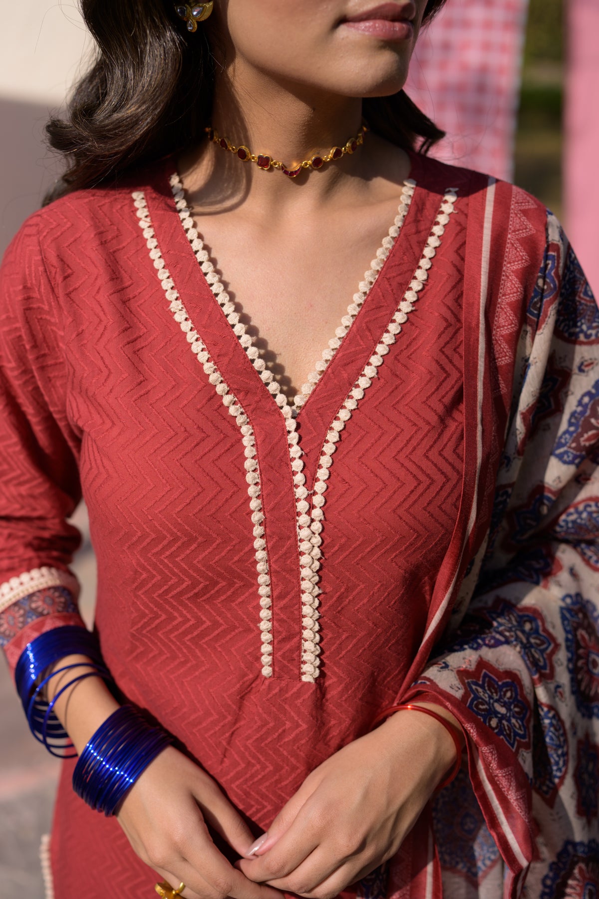 Brick Red Dobby Cotton with Lace and Block Printed Dupatta Suit Set
