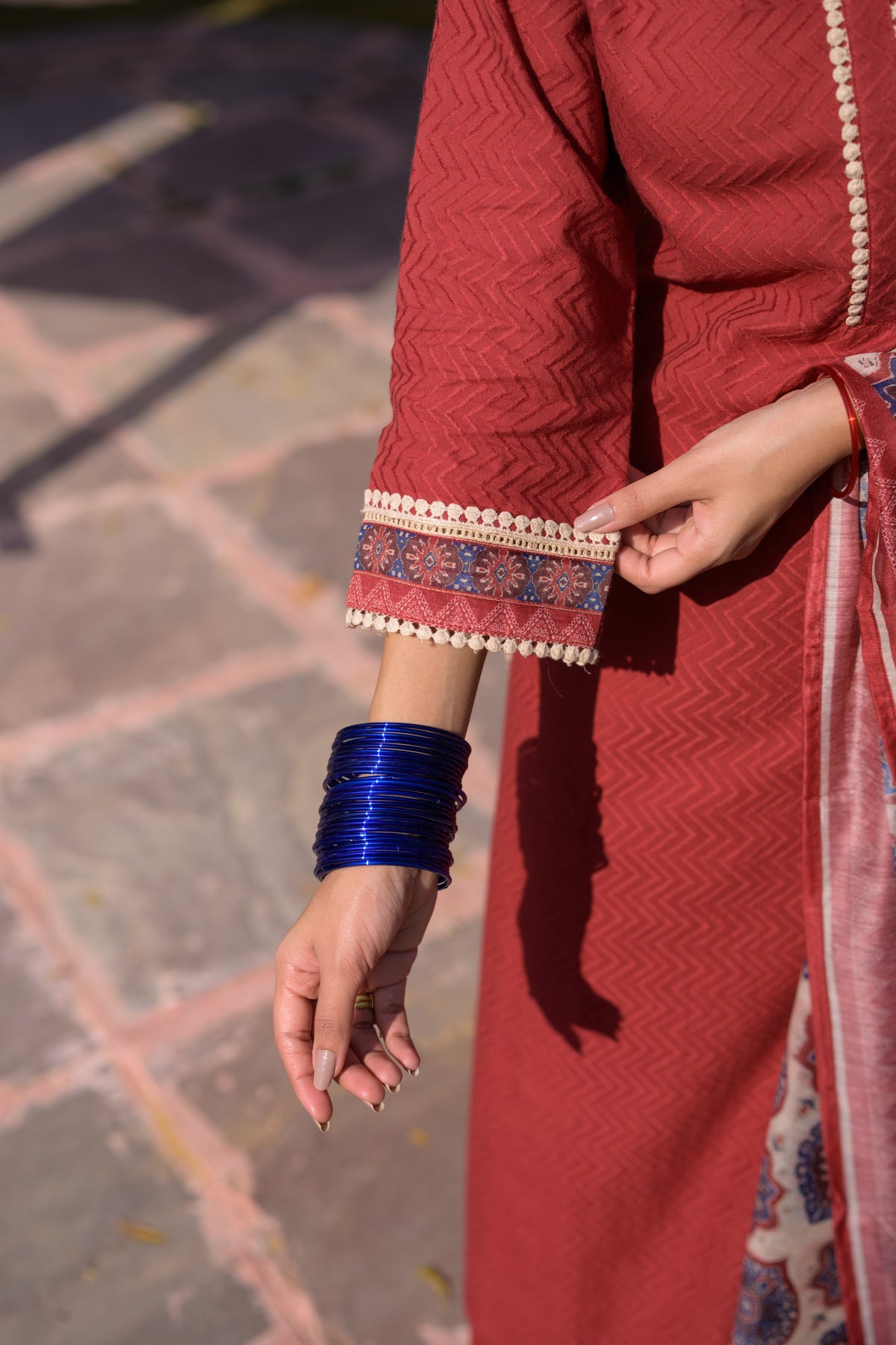 Brick Red Dobby Cotton with Lace and Block Printed Dupatta Suit Set