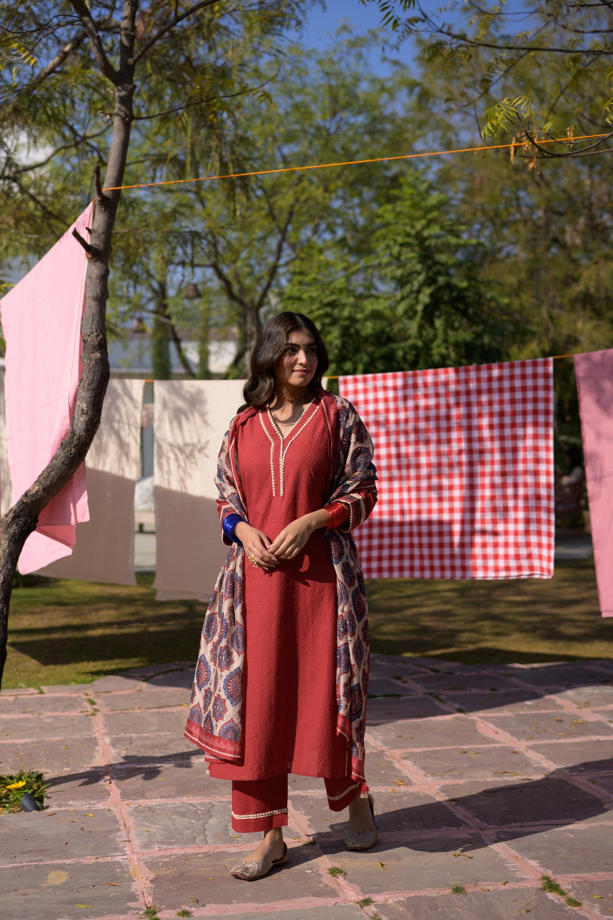 Brick Red Dobby Cotton with Lace and Block Printed Dupatta Suit Set
