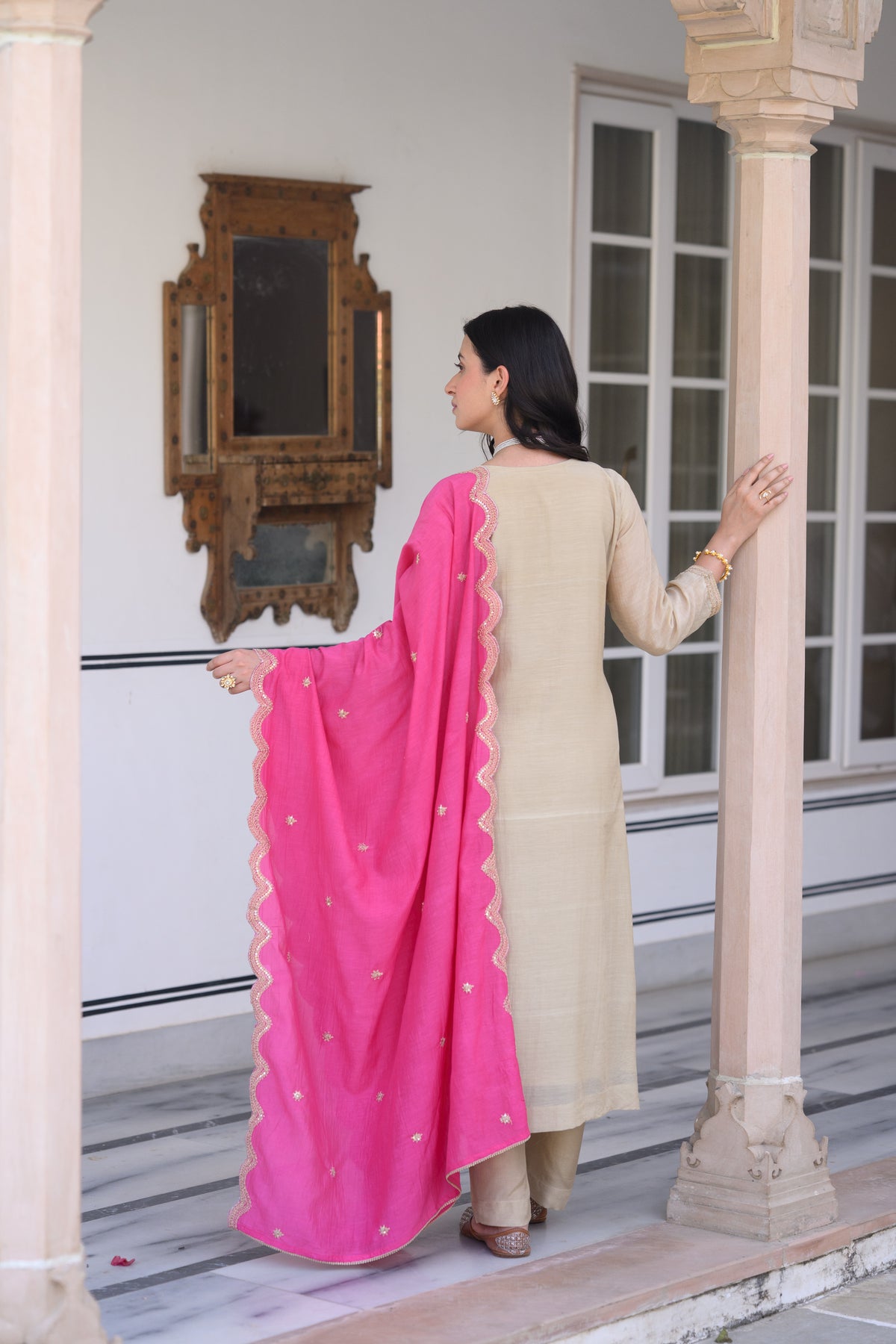 Beige Marodi Spread Work Kurta with Pink Scallop Dupatta Mul Chanderi Suit Set