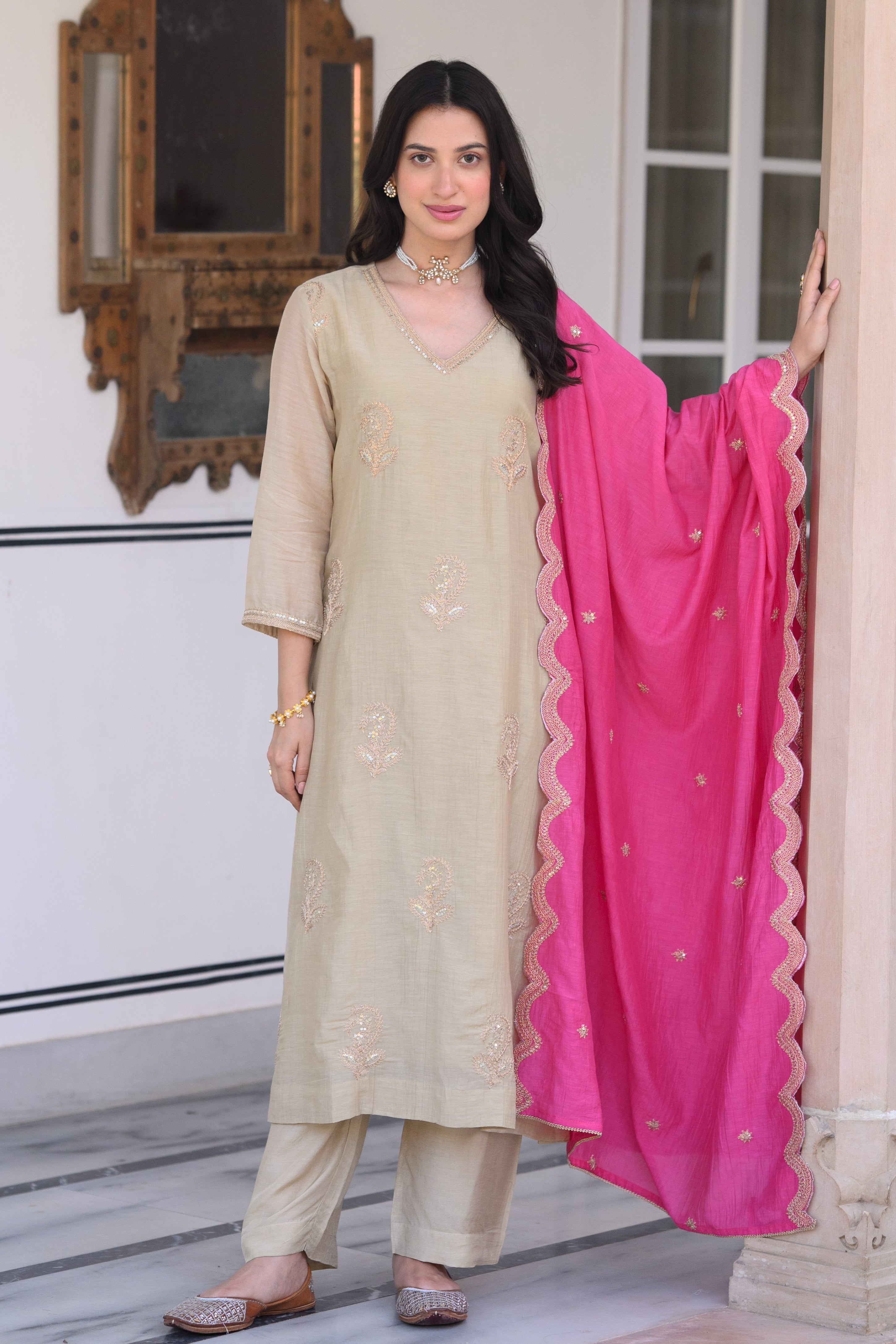 Beige Marodi Spread Work Kurta with Pink Scallop Dupatta Mul Chanderi Suit Set