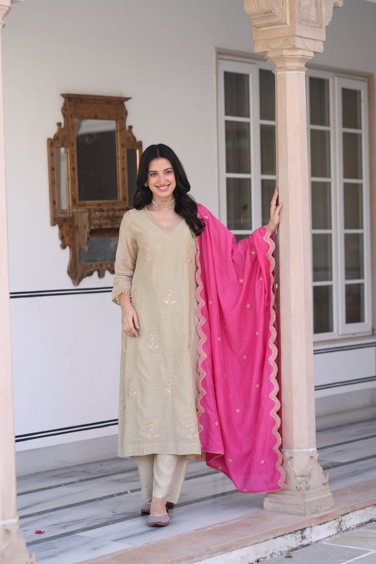 Beige Marodi Spread Work Kurta with Pink Scallop Dupatta Mul Chanderi Suit Set