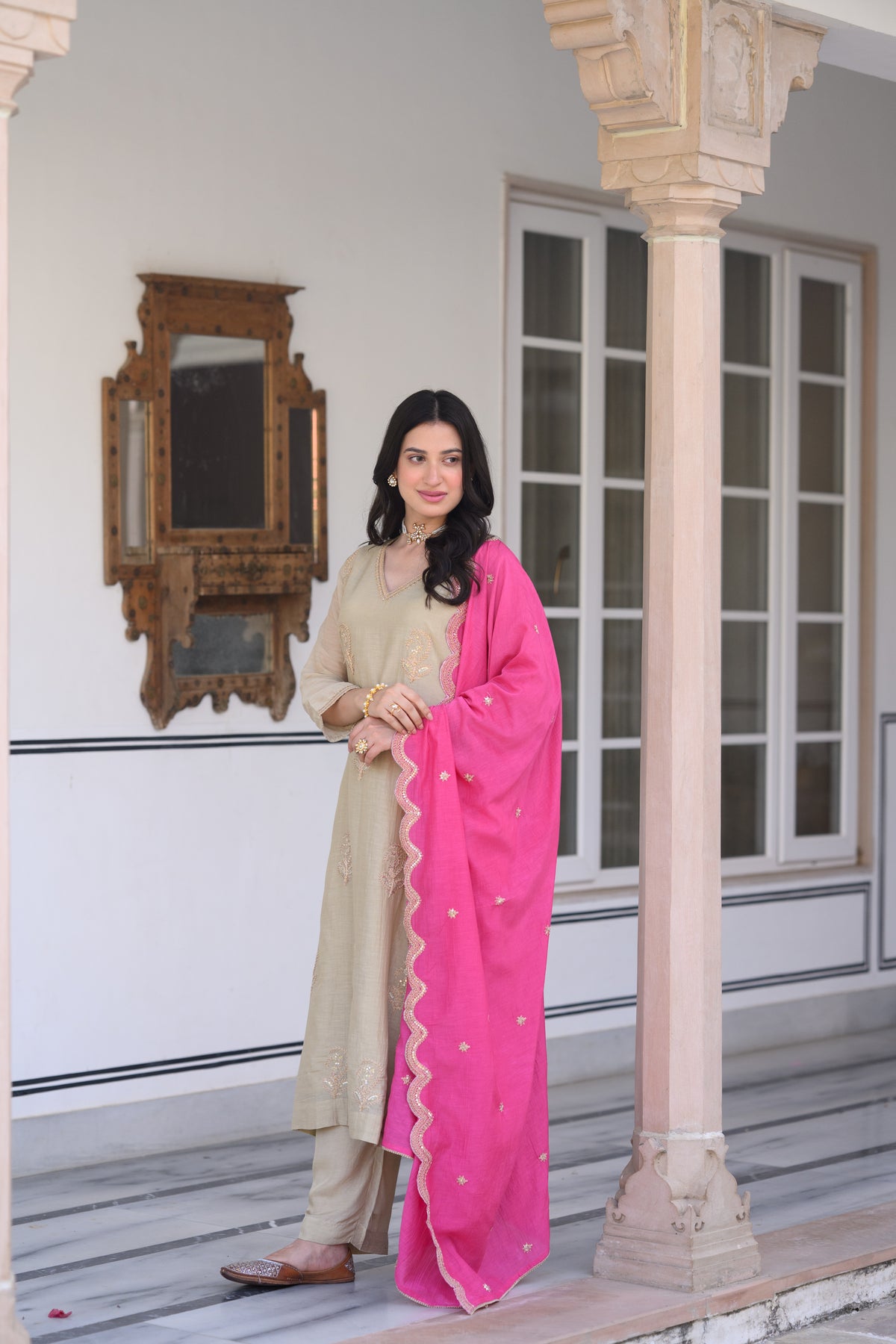 Beige Marodi Spread Work Kurta with Pink Scallop Dupatta Mul Chanderi Suit Set