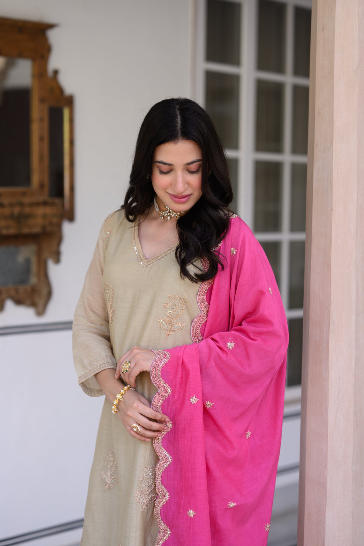 Beige Marodi Spread Work Kurta with Pink Scallop Dupatta Mul Chanderi Suit Set