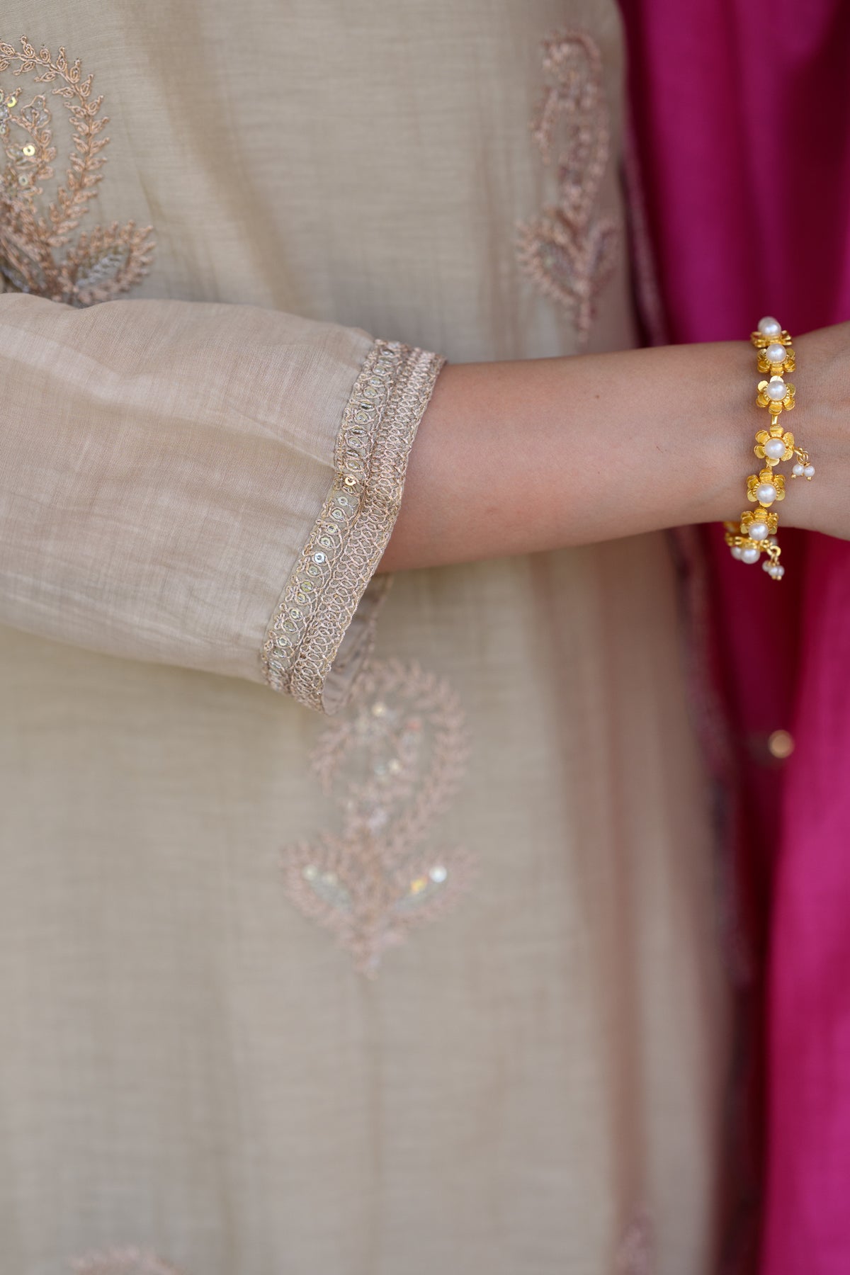 Beige Marodi Spread Work Kurta with Pink Scallop Dupatta Mul Chanderi Suit Set