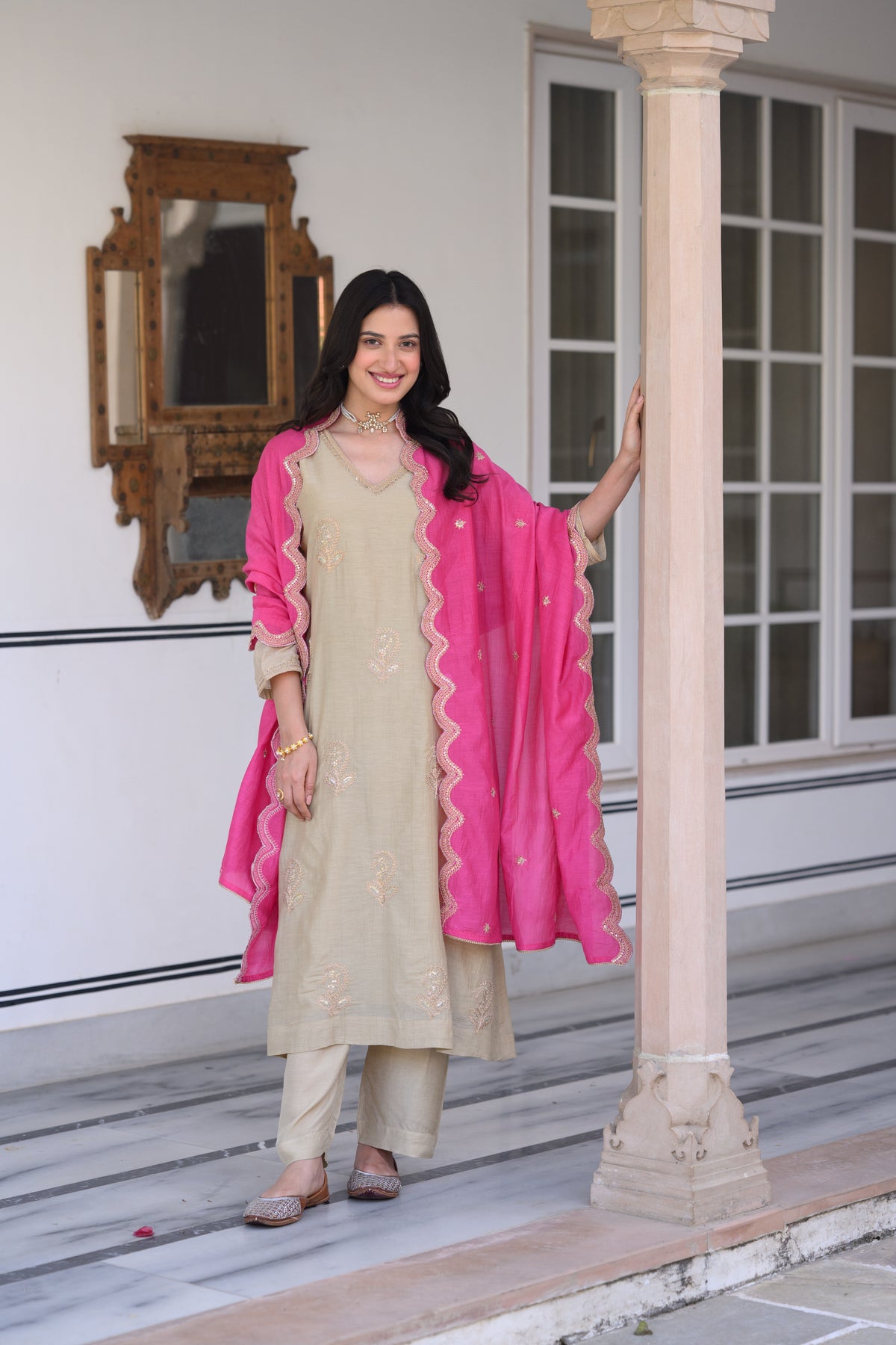 Beige Marodi Spread Work Kurta with Pink Scallop Dupatta Mul Chanderi Suit Set