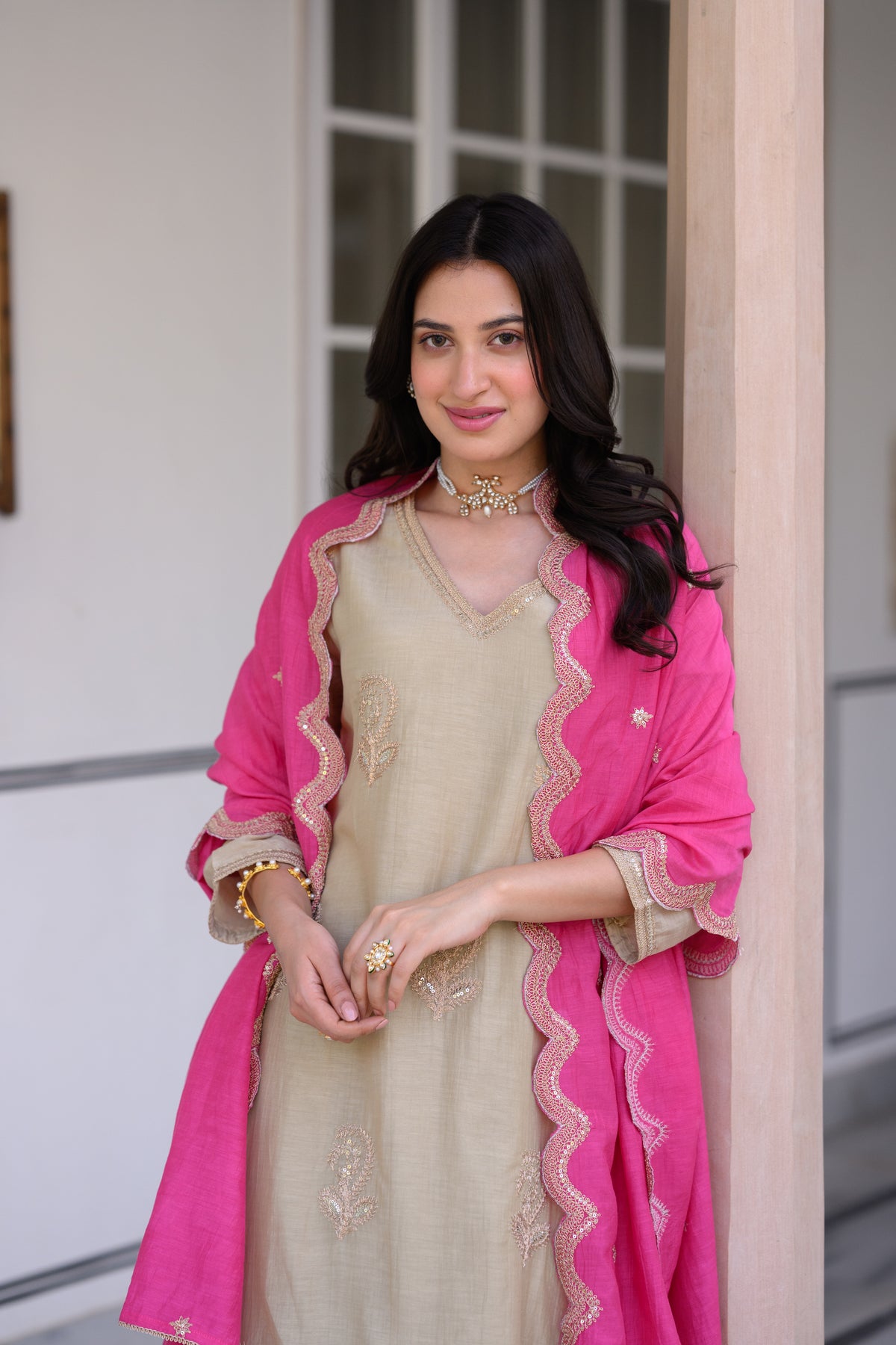 Beige Marodi Spread Work Kurta with Pink Scallop Dupatta Mul Chanderi Suit Set