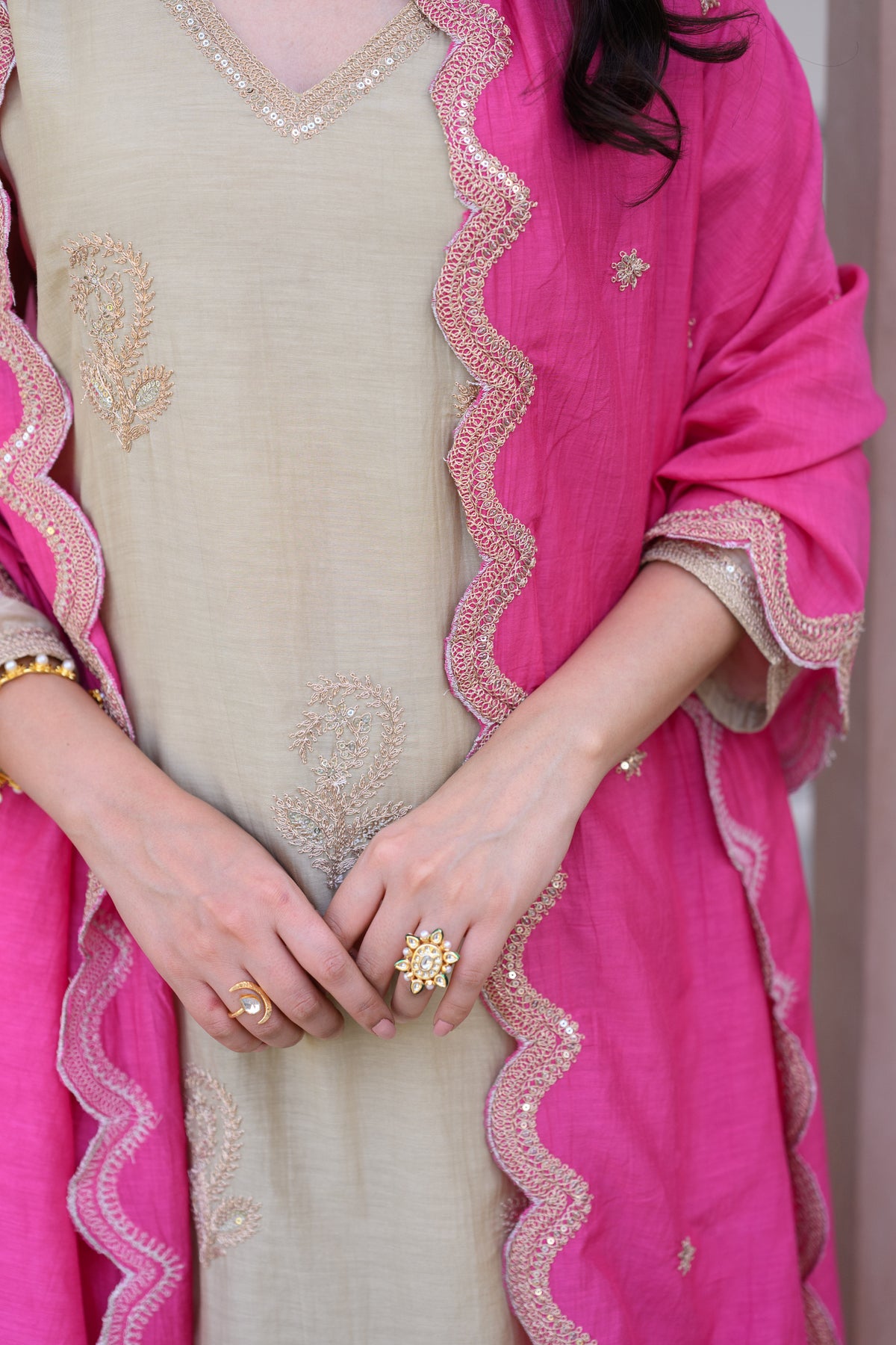 Beige Marodi Spread Work Kurta with Pink Scallop Dupatta Mul Chanderi Suit Set