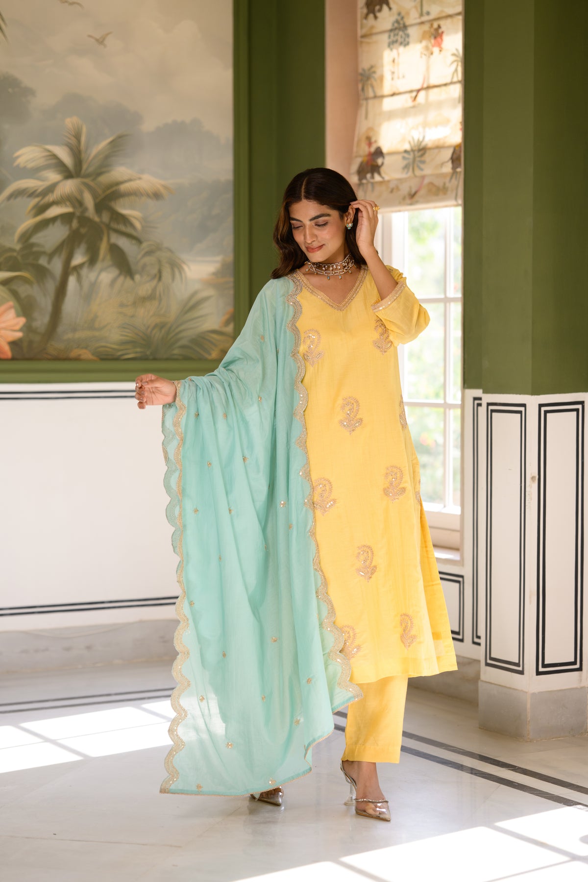 Butter Yellow Marodi Spread Work Kurta with Sea Green Scallop Dupatta Mul Chanderi Suit Set