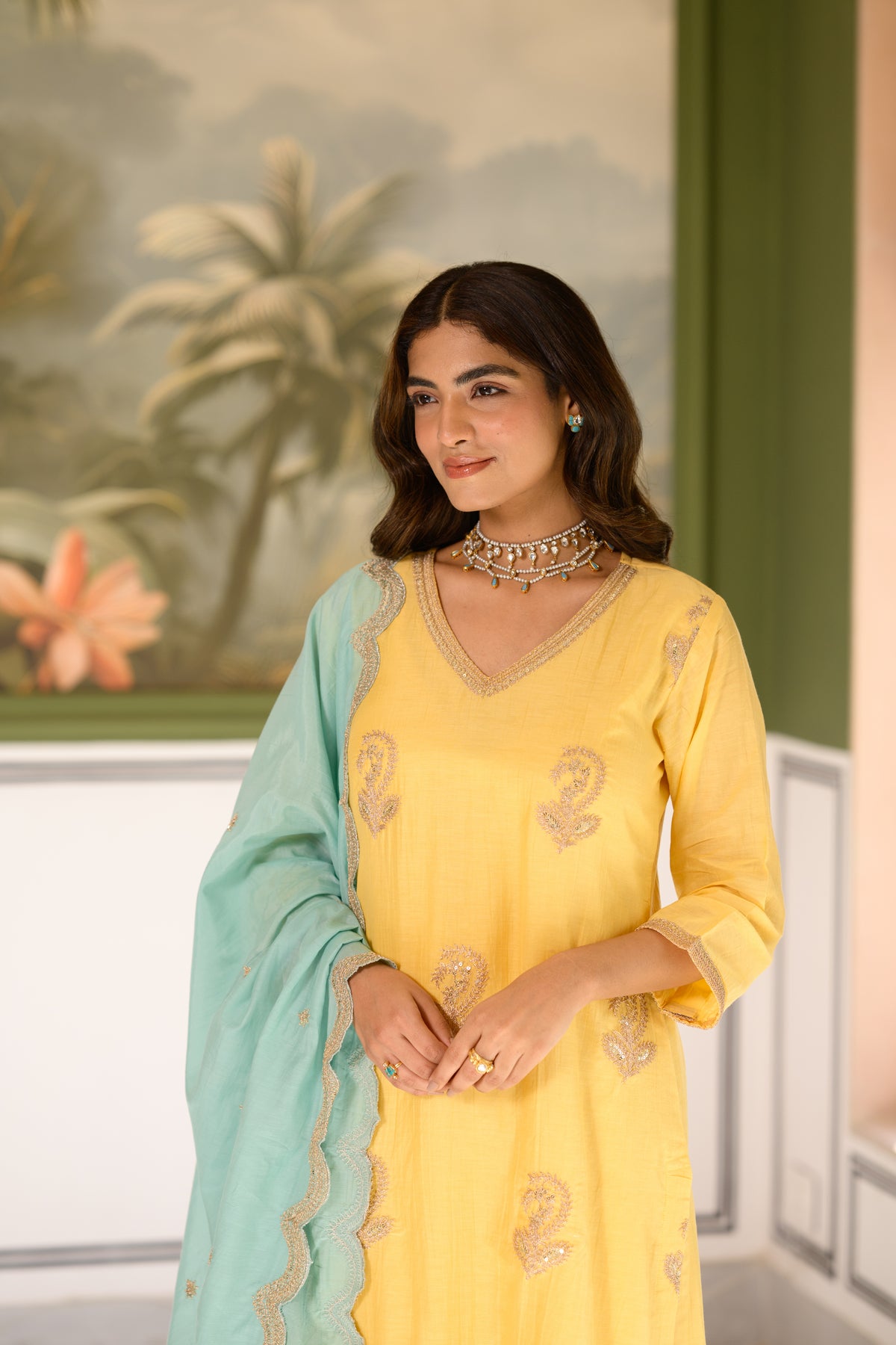 Butter Yellow Marodi Spread Work Kurta with Sea Green Scallop Dupatta Mul Chanderi Suit Set