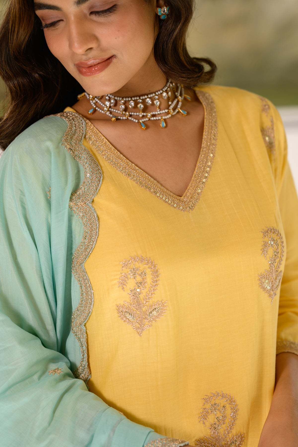 Butter Yellow Marodi Spread Work Kurta with Sea Green Scallop Dupatta Mul Chanderi Suit Set