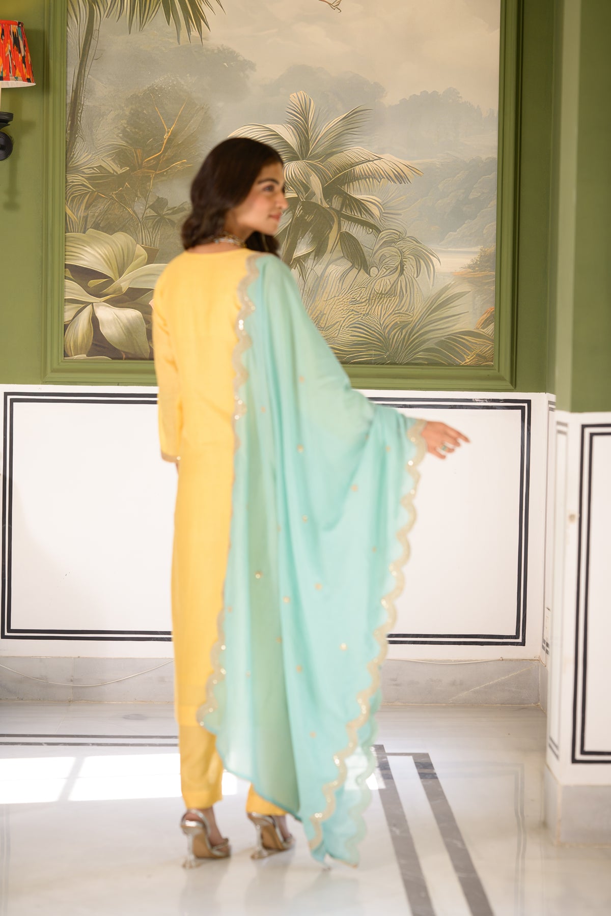 Butter Yellow Marodi Spread Work Kurta with Sea Green Scallop Dupatta Mul Chanderi Suit Set