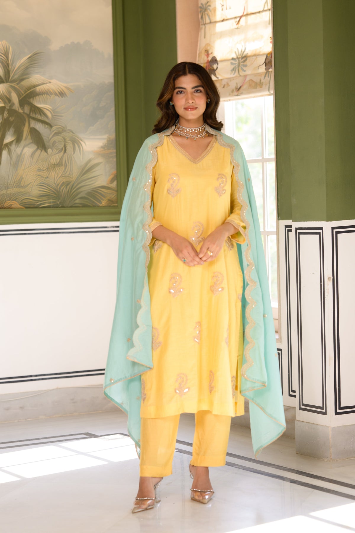 Butter Yellow Marodi Spread Work Kurta with Sea Green Scallop Dupatta Mul Chanderi Suit Set