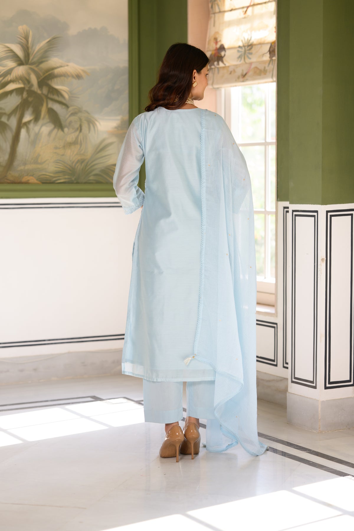 Ice Blue thread Work Chanderi Suit Set with Kota Doriya Dupatta