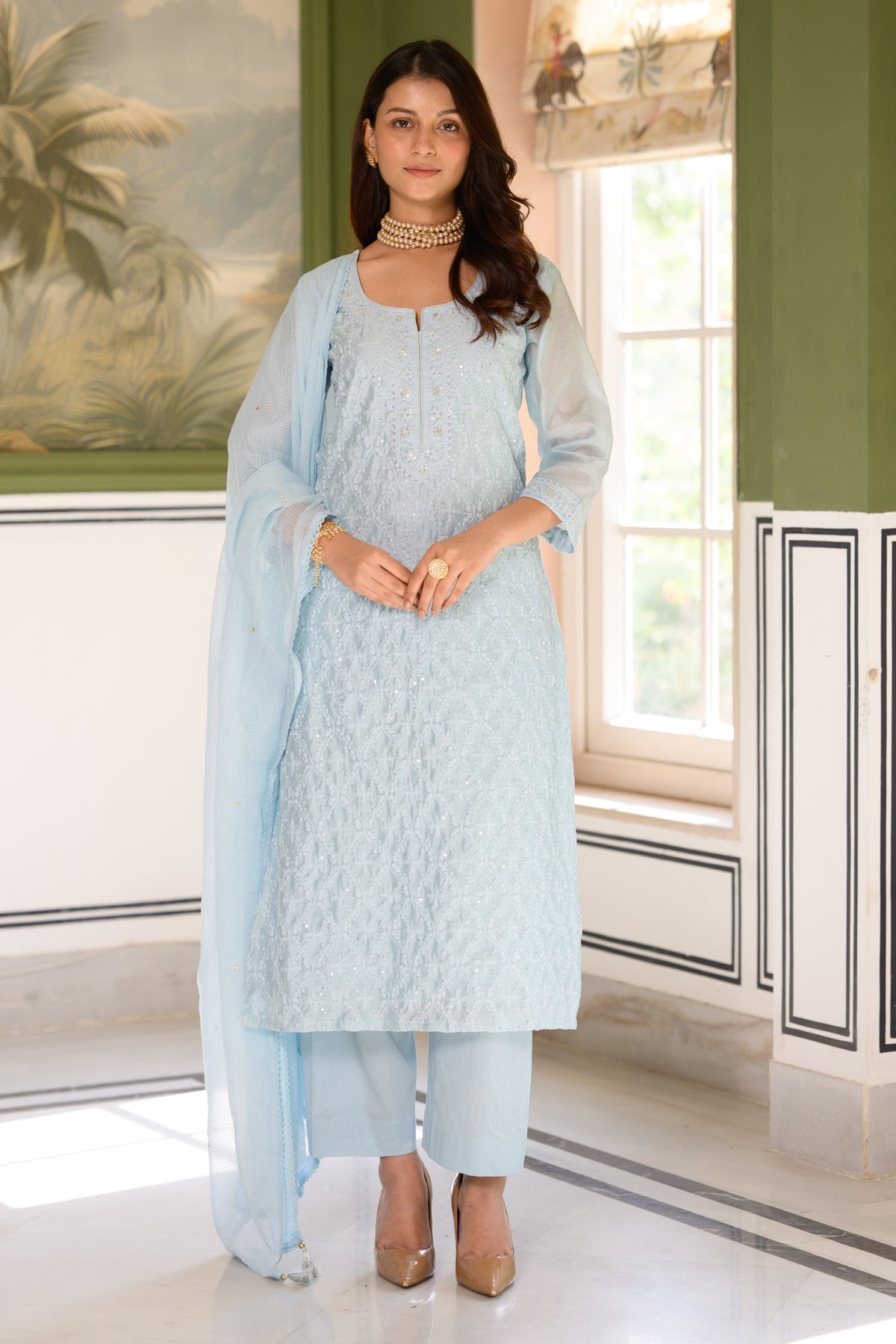 Ice Blue thread Work Chanderi Suit Set with Kota Doriya Dupatta