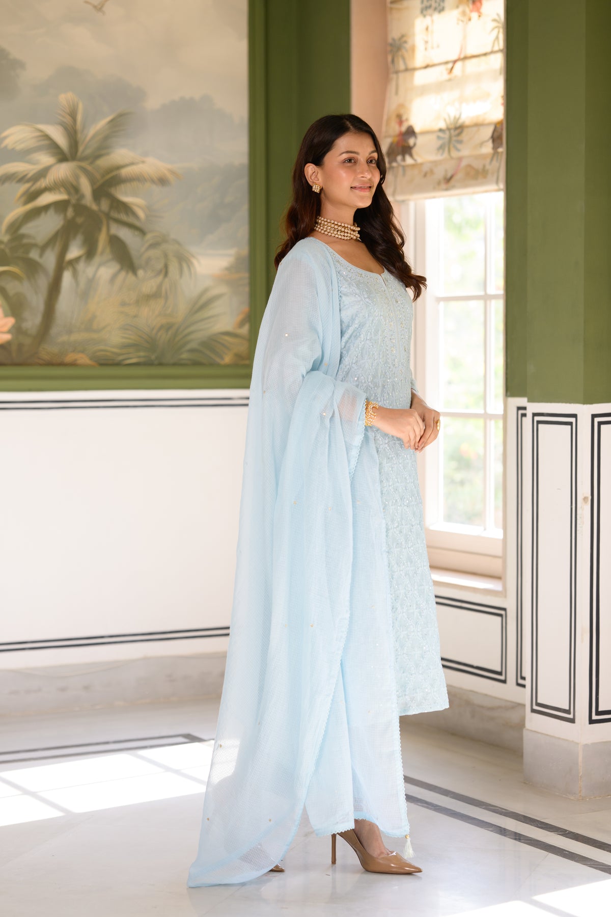 Ice Blue thread Work Chanderi Suit Set with Kota Doriya Dupatta