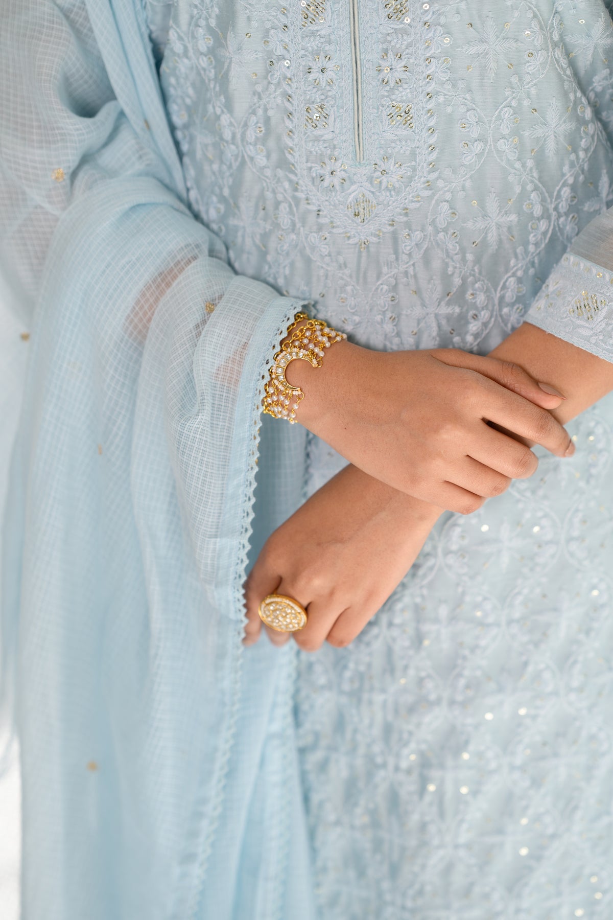 Ice Blue thread Work Chanderi Suit Set with Kota Doriya Dupatta